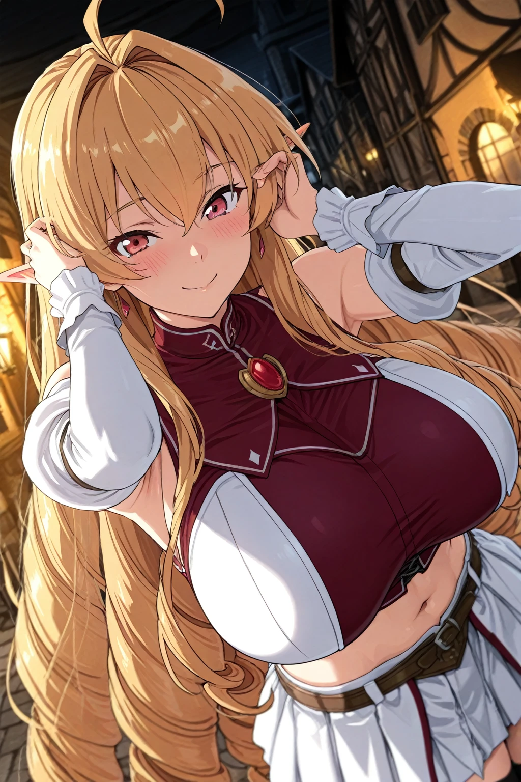 (Night:1.7), Castle, Brick wall,
Standing at attention,dynamic pose, crossed arms, 
blue outfit,blue Jacket, long black coat,thighhighs,blue armor, cleavage cutout,
<lora:Chloe_Kuroinu-KK77-V1:0.7>,
<lora:Mariana_Luciano_NON_VIRGIN-KK77-V1:0.2>,<lora:more_details:0.1>,
long pointy ears, dark elf, dark skin,
blonde hair,long hair,Side ponytail, red eyes, 
1 girl, 20yo,Young female,Beautiful Finger,Beautiful long legs,Beautiful body,Beautiful Nose,Beautiful character design, perfect eyes, perfect face,expressive eyes,
looking at viewer,(Upper_body),(Focus on her face),
official art,extremely detailed CG unity 8k wallpaper, perfect lighting,Colorful, Bright_Front_face_Lighting,shiny skin, 
(masterpiece:1.0),(best_quality:1.0), ultra high res,4K,ultra-detailed,
photography, 8K, HDR, highres, absurdres:1.2, Kodak portra 400, film grain, blurry background, bokeh:1.2, lens flare, (vibrant_color:1.2)
(Beautiful,large_Breasts:1.4), (beautiful_face:1.5),(narrow_waist),