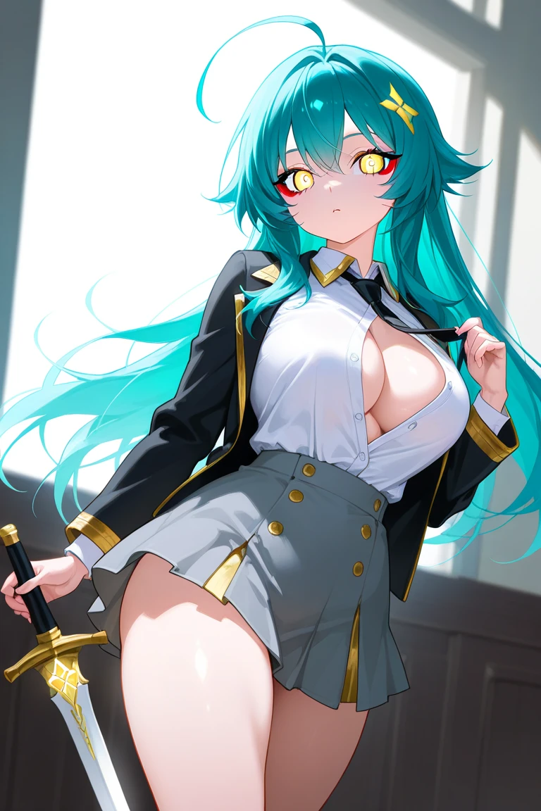 (1 Girl),(high quality), (High resolution), (Very detailed), (8k),(Demolition paperback correct)、Urusei Yatsura、Ram-chan、((Sexy Lingerie))、Wearing a blazer、((Focus on the whole body))、Nipple Shape、((Black knee-high stockings))、Hair messed up by the strong wind、Neutral White Lighting,Sexy pose、