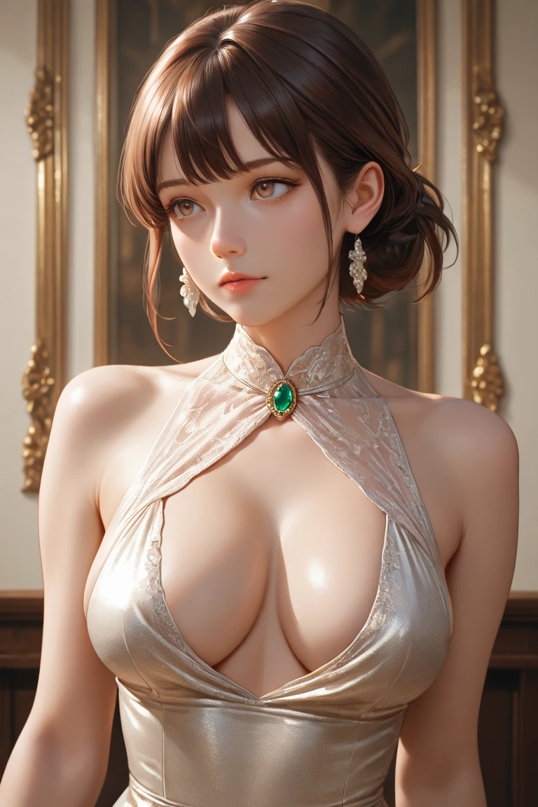 (UHD, retina, masterpiece, accurate, anatomically_correct, textured_skin, super_detail, high_details, high_quality, best_quality, high_res, 1080P, HD, 4K, 8k, 16k), (beautiful_detailed_eyes, beautiful_detailed_lips, extremely_detailed_eyes_and_face), soft_lighting, physically-based_rendering, vivid_colors, (((large_breasts, glamorous_body:1.6))), (shiny_hair, shiny_skin, tanned_skin, blush), (bangs:1.5), eye_reflection, (bokeh, simple_background), puff_sleeves,
