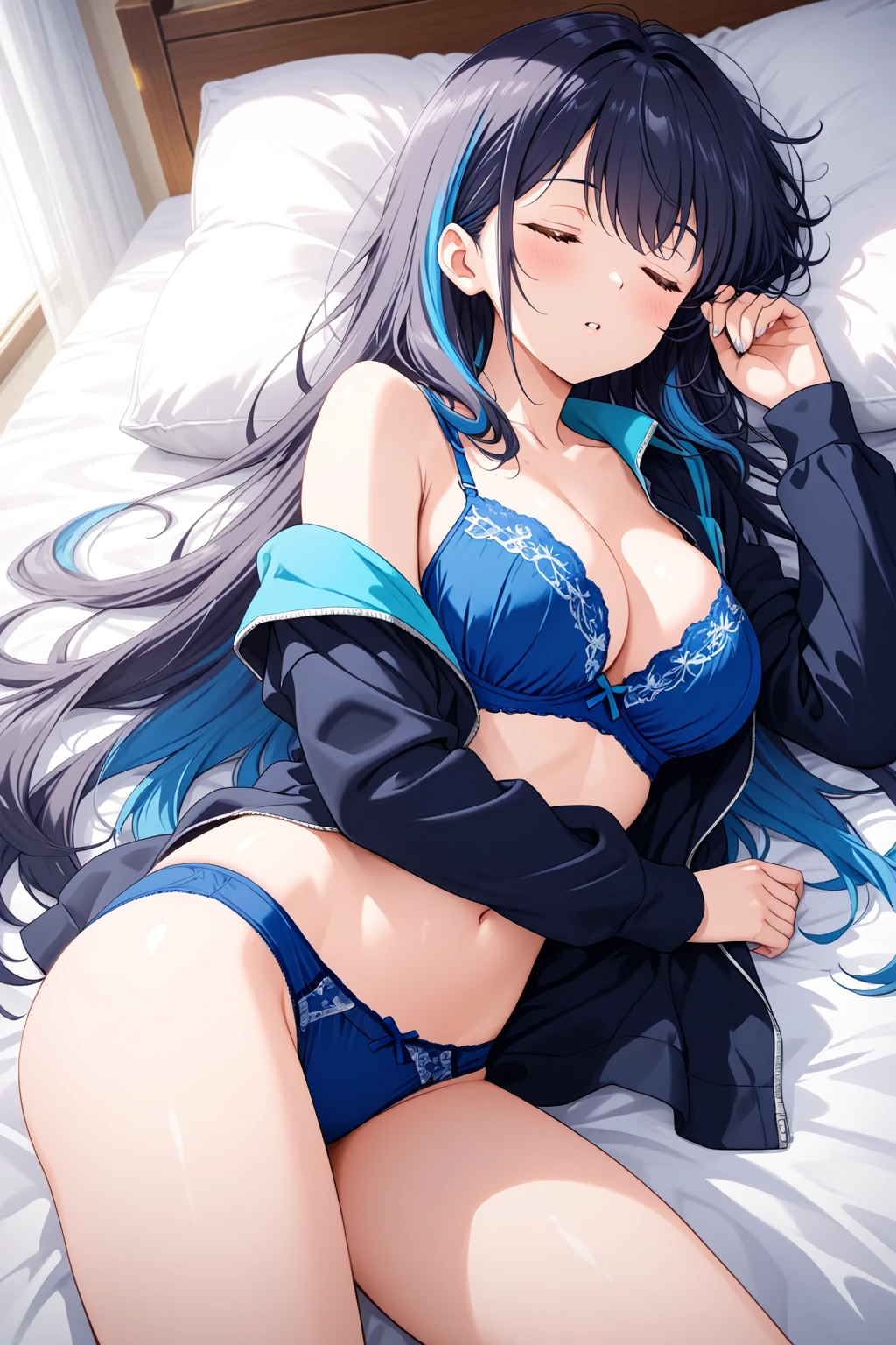 Masterpiece, ((black hair)), blue eyes, sexy, large breasts, beautiful body, blue underwear l, blue lingerie, blue bra, bed