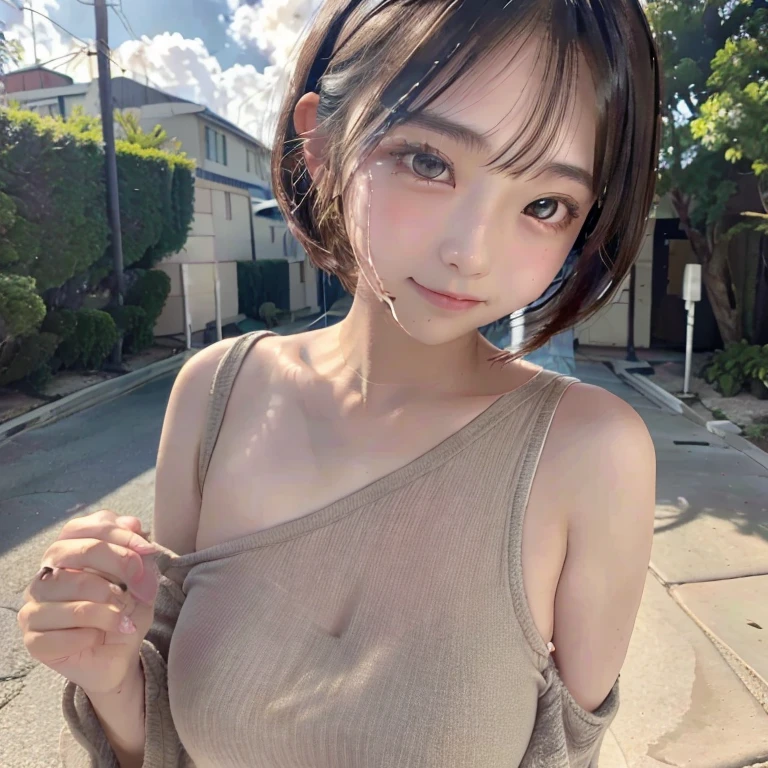 (High resolution:1.3), (16k, Photorealistic, Raw photo, Best image quality: 1.4), Japanese, (1peopleの少女), Beautiful Face, (A vivid face), (Black-haired、short hair:1.3), Beautiful Hairstyles, Realistic eyes, Beautifully detailed eyes, (Realistic Skin), Beautiful skins, attractive, 超A high resolution, Surreal, High detail, Golden Ratio, Outdoor, the wind is strong, From below,１people、 Half Body Shot,Highly detailed cute girl,(20-year-old)、 　　Belly button
