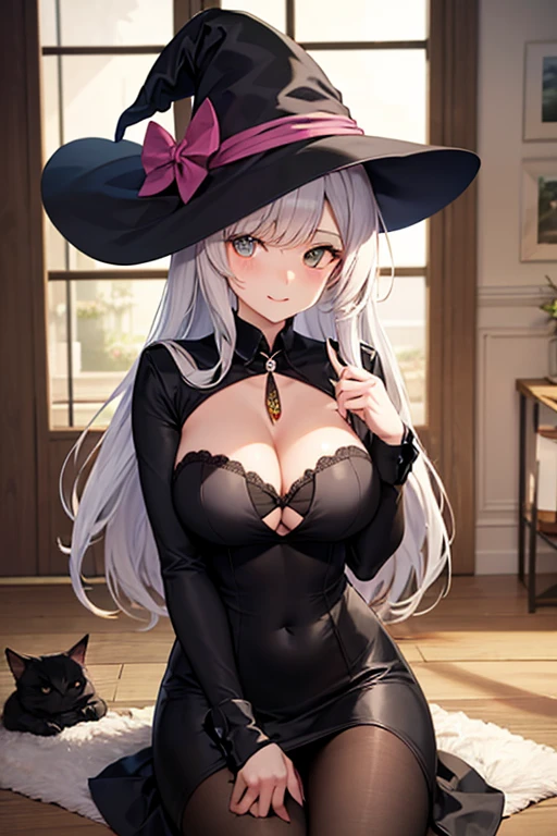 (masutepiece、8K、An ultra-high picture quality、ultra-quality、high detal、realisitic、realphoto、Photorealsitic、超A high resolution)Detailed cute girl、18year old、((Overall image of cowgirl position emphasizing face and cleavage)))、light blue pantie、Facial Focus、red blush、cparted lips、looking at the viewers、Silky hair、hair wavy、Beautiful big、Perfect and constricted body、The witch's clothes are loose and showing her big cleavage..、Crotch visible through torn clothes、Chest visible from torn clothes、red blush、Ecstatic look、Wet eyes、((I'm pressing a magic wand against my boobs))