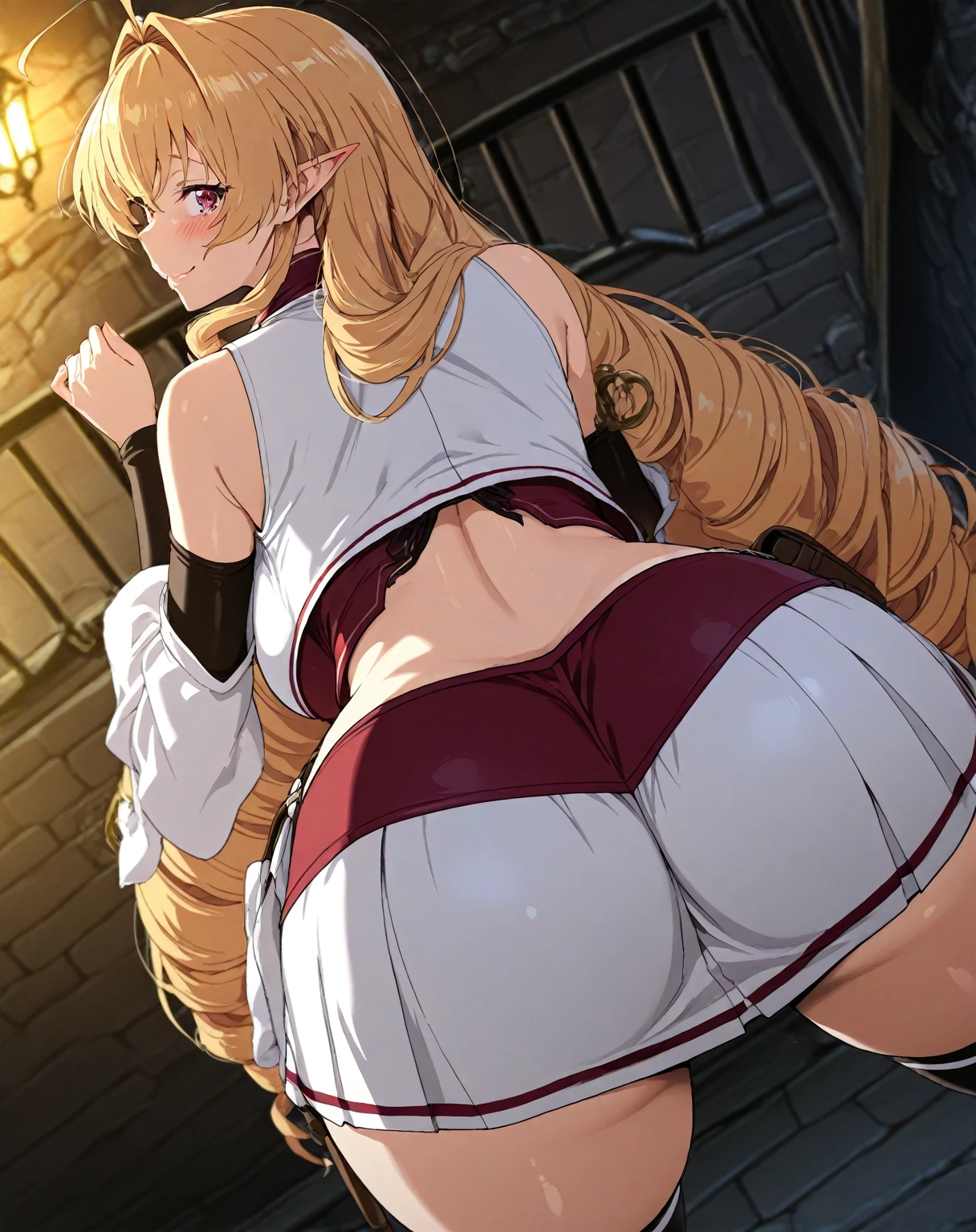 1girl, solo, sexy detailed face, Bowsette, tail, detailed blue eyes, deep eyes, blonde hair, long hair, large breasts, black dress, earrings, spike choker, thigh boots, black nails, spike bracelets, glistening skin, bare shoulders, from behind, looking back at viewer, seductive smile, sharp teeth, castle, night, moonlight, flames, shadows, ray traced, <lora:offset_0.2:0.5>, <lora:sdxl2-flat2-512b:-0.5>, <lora:xl_more_art-full_v1:0.5>, <lora:add-detail-xl:1>, very aesthetic, best quality, <lora:bowsette_xl_v1:1>