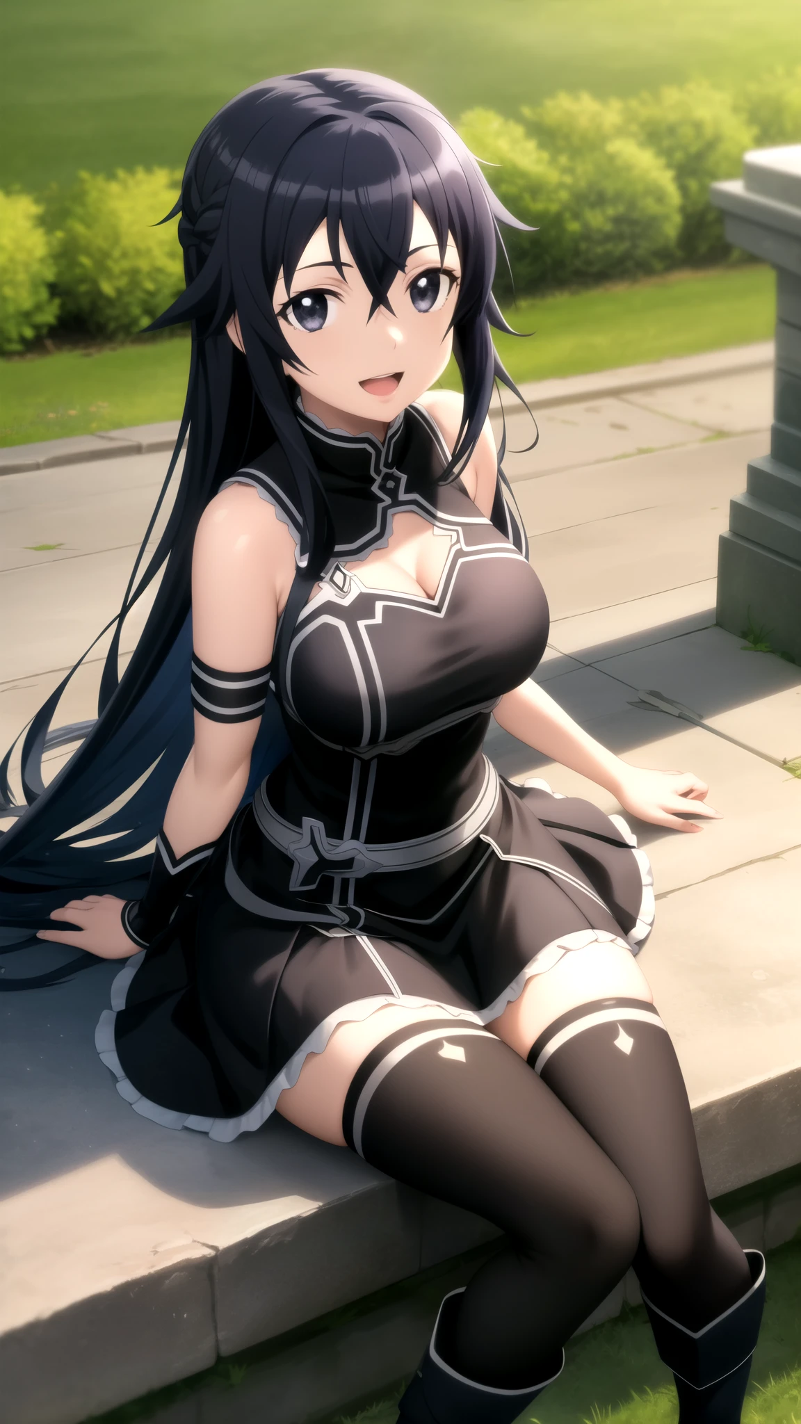 Masterpiece, Best Quality, girl, looking at viewer, Kazuto Kirigaya, Sword art Online, Black hair, hair Between eyes, Black Eyes, large breasts, sleeveless idol dress, very puffy skirt, flared skirt, thigh highs, heeled boots, sitting, smile, open mouth, outdoors