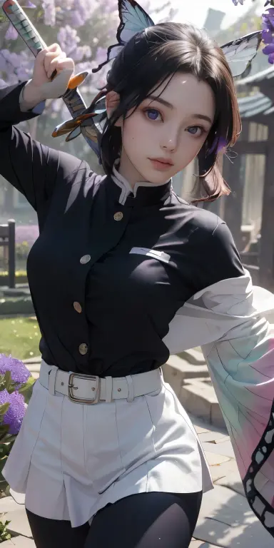 Ultra-realistic 8k CG,white :1.4、（Beautiful bikini :1.4） 、squat and open your legs、beautiful pantieasterpiece,（生脚white :1.4） ,,show white ,、front、, (weapon in hand: 1.2), (attack: 1.2), beauty, goddess, （生脚white :1.3）,frontから, face sticking out, (super detailed background, delicate pattern, intricate details)), high quality, highly detailed face, （超から見えるwhite 生脚:1.4）、highly detailed eyes and face, highly detailed eyes, kocho shinobi, colorful hair, No bangs, hair intake, purple eyes, amount, black shirt, black pants (Haori, butterfly, button, belt, (garden: 1.2), purple flowers, Chibi, cloudy null, sunlight, Tyndall effect, exy、Slope_null, face, gorgeous null, Sword at the waist,Ultra-realistic 8k CG, masterpiece,（:1.4） close, (weapon in hand: 1.2), (attack: 1.2), beauty, goddess, frontから, face sticking out, (super detailed background, delicate pattern, intricate details)), high quality, highly detailed face, highly detailed eyes and face, highly detailed eyes, kocho shinobi, colorful hair, No bangs, hair intake, purple eyes, amount, black shirt, black pants (Haori, butterfly, button, belt, (garden: 1.2), purple flowers, Chibi, cloudy null, sunlight, Tyndall effect, Slope_null, face, gorgeous null, Sword at the waist,