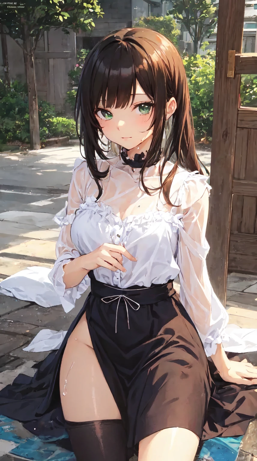 (Adult slender woman:1.3)、The exact number of fingers、Exact number of legs、Exact number of arms、bangs, Ribbon Ponytail, brown hair, (blush:1), (The woman puts her right hand inside her panties.:1.8), fingering, (pussy juice、Squirting and getting her pussy wet:1.2), (A woman is rubbing her breast with her left hand:1.7)、Shirt with white collar、The costume has a ribbon attached to its collar..、It is a costume that covers up to the shoulders., side, upper arm, and arms., That costume only opens wide at the chest..、high socks、pleated skirt, (Underwear with elaborate and luxurious decorations:1.3), Ribbon at collar., (Small pink panties:1.3), pink lace bra:1.2), sexy underwear, Thighhighs、 beautiful big breasts, (erect nipples:0.9), The skirt is rolled up、, (shirt lift:0.95), ( show off your bra:0.96), highest quality, High resolution, (fine and beautiful eyes:1.6), highly detailed face, perfect lighting, Very detailed CG, (perfect hands, perfect anatomy),embarrassed look、The expression of someone who is holding back from going to the toilet, (Sexual pleasure expression:1.4), (expression of agony:1.2)、close your eyes、sexy look、look up、mouth half open、climax、(A patch of grass covered with reeds:1.5)、whole body