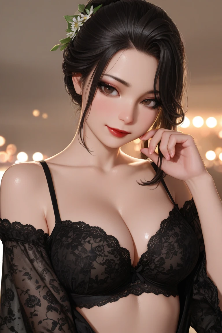 1girl,((35 year old mature woman)),(((victorian red and black suit))),((((1 girl))),(blue eyes)),(Very Intense Makeup)), smiling, ((red lipstick)),((woman in makeup)), short hair, black hair,((huge breasts,)),((cleavage,))),extremely realistic female eye,(((solamente))),cuerpo perfecto,manos perfectas,cara perfecta,