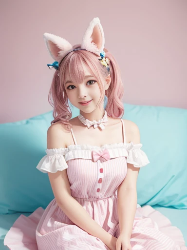 Araffe dressed in a blue and pink dress sitting on a bed - SeaArt AI
