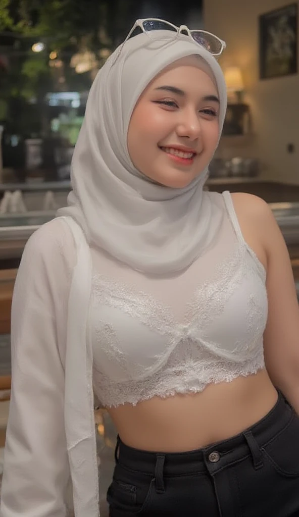 2 Matured malay women seat and seducing in the cafe , wearing hijab with lace bra and platted short skirt, smiling, matured, 40 years old, perfect body, matured body, detail skin texture, professional lighting, bokeh, nighttime, soft lighting, blur background, portrait photography, medium shot, 35mm lense, Over-the-shoulder shot, pastel color grading, depth of field cinematography, western film style, high quality, ultra detail, 8k resolution