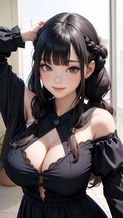 detailed eyes , sexy lingerie , nsfw , huge breasts , braided hairstyle , portrait , white lingerie , black background , black hair , smile , black eyes