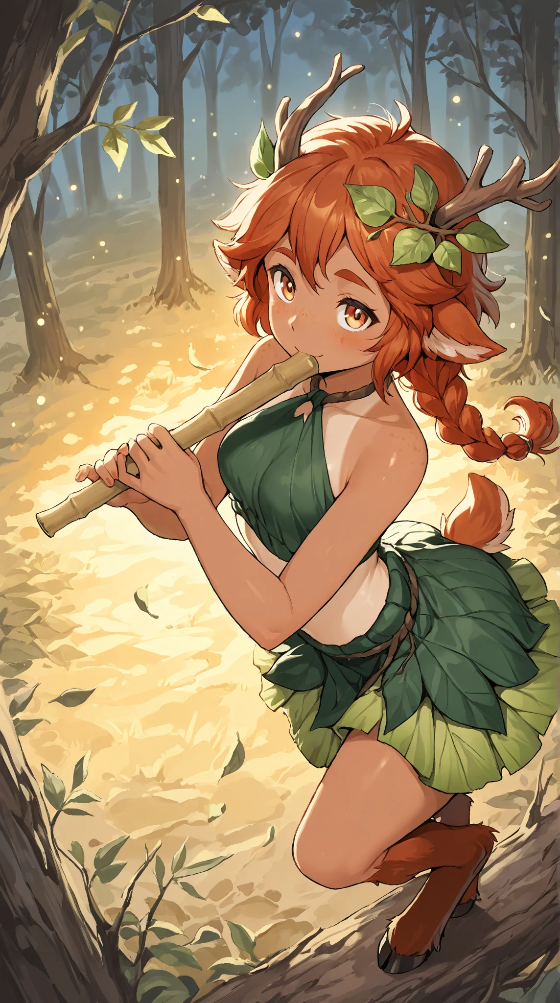source_anime, score_9, score_8_up, score_9, 1girl, solo, <lora:ChamPonyXLEyjafjalla:1> EyjafjallaBase, curled horns, ahoge, forest, playing flute, flute, leaf dress, flower wreath, autumn, orange jacket, green dress