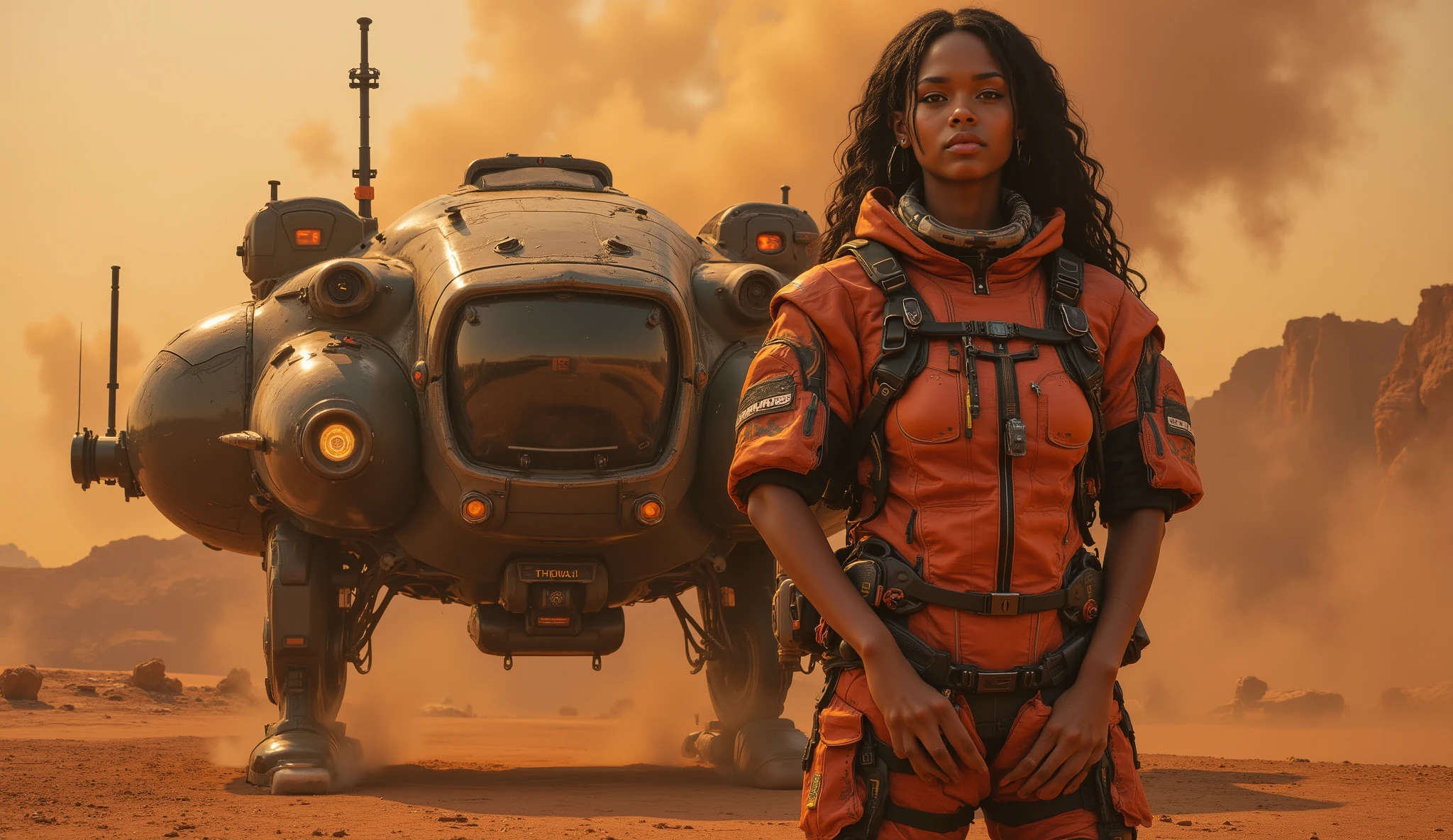 black female cyberpunk trauma team medic, standing in front of a heavily armed vtol craft, blistering desert cityscape, warm colors, dusty haze, cyberpunk 2077