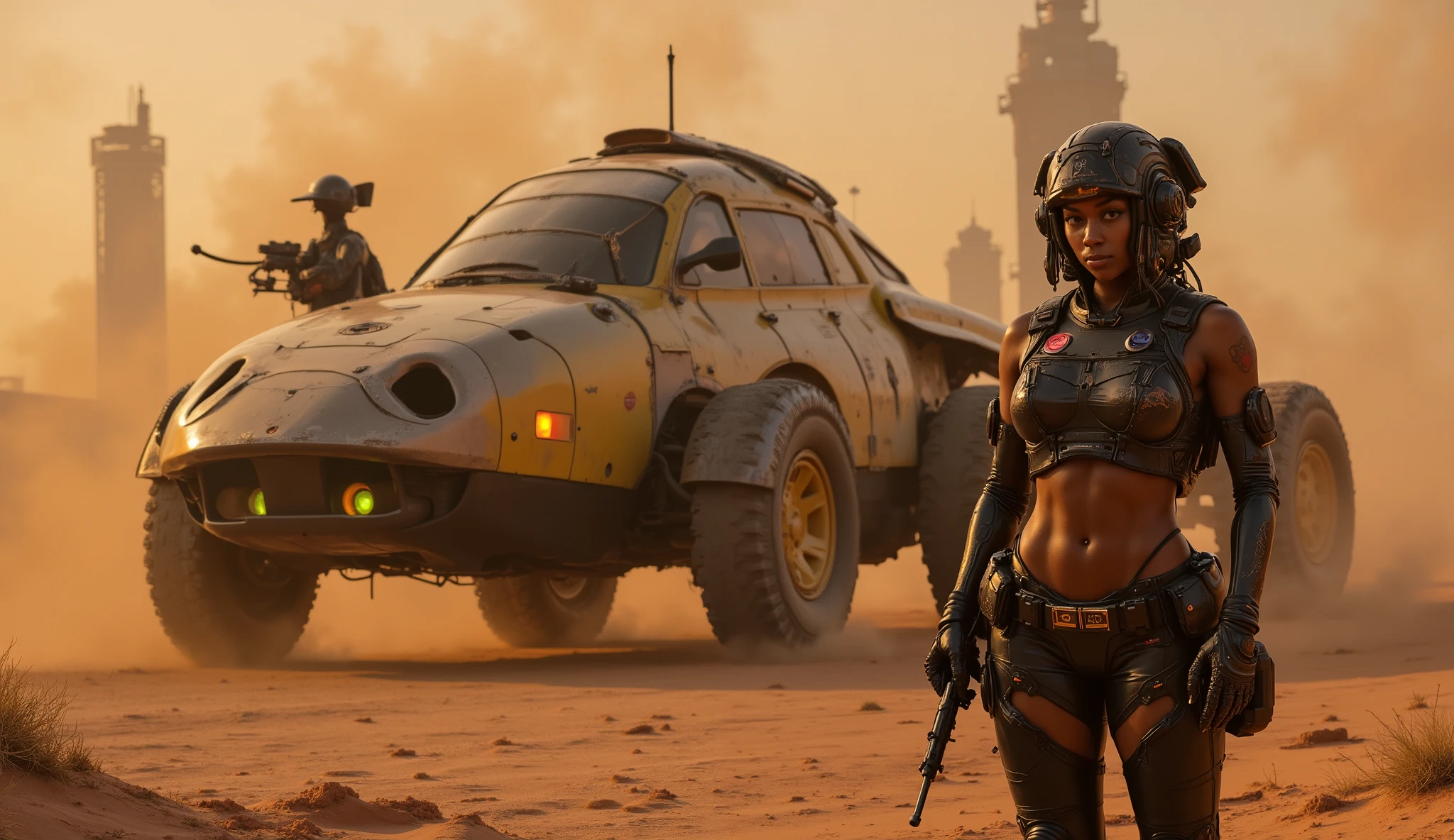 black female cyberpunk trauma team medic, standing in front of a heavily armed vtol craft, blistering desert cityscape, warm colors, dusty haze, cyberpunk 2077