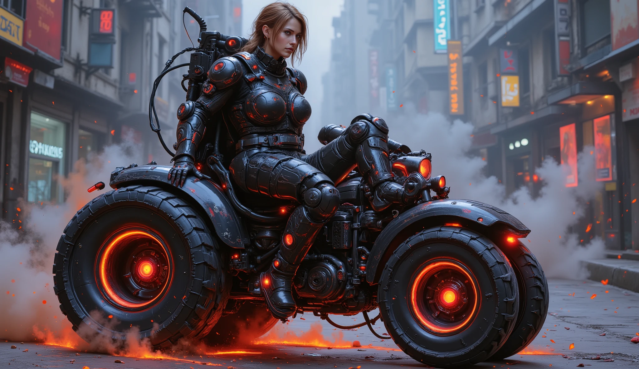 A female warrior in mechanical armor on rollers with big wheels, Skid dynamic pause with dust. She is dressed in combat boots, with detailed high-definition portraits, in cyberpunk neon city background, set in an futurist world. The rooler has two large industrial neon tires, dynamic pause