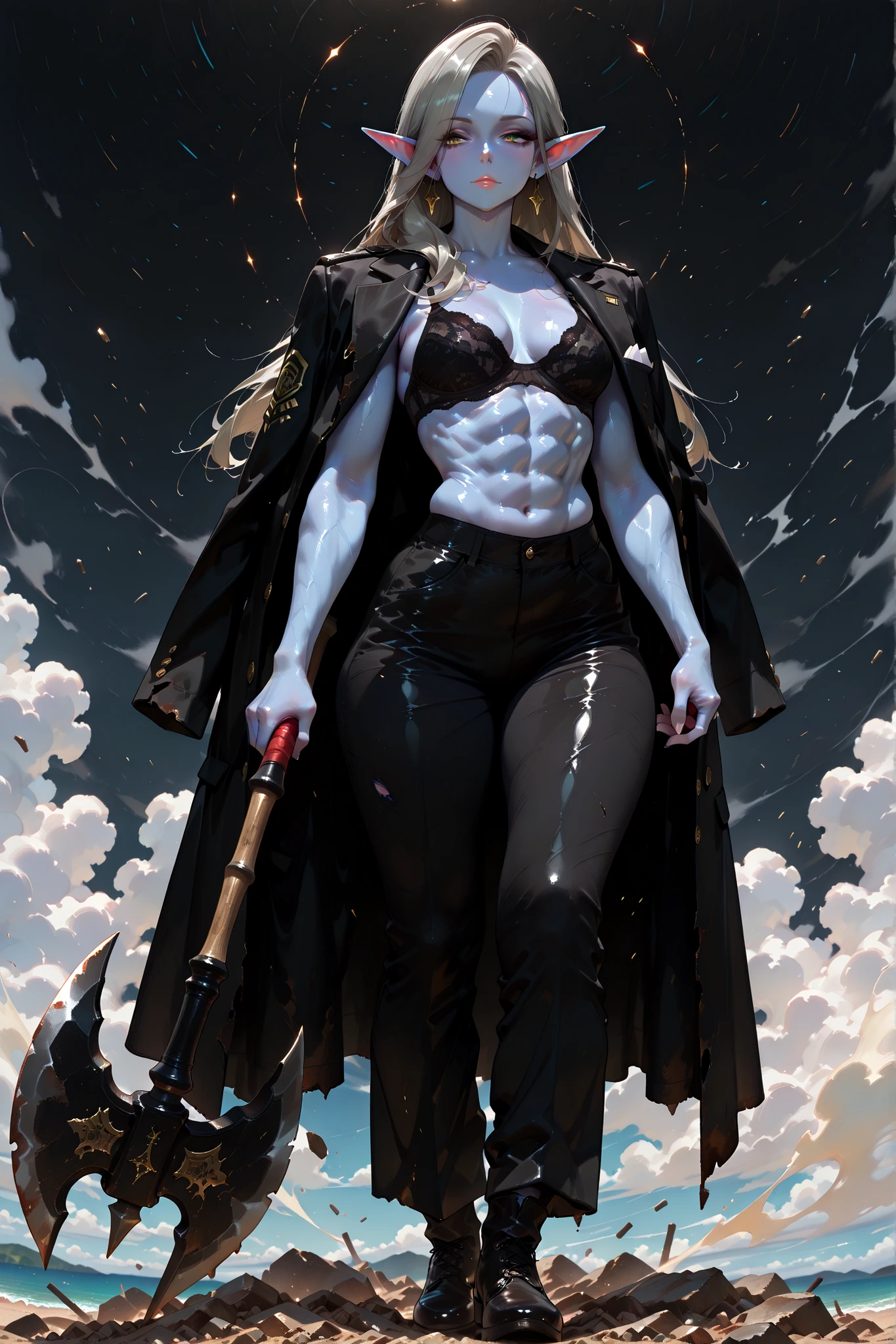 masterpiece, best quality, amazing quality, very aesthetic, high resolution, newest, hyper-detailed, solo, female character, mature woman,MILF ,muscular female figure, (small breasts) pointed ears, blue skin, long hair, grey hair, black executive suit, black Bra armor pieces on shoulders and arms, armed with a long axe, full body, fan art, Post apocalyptic background