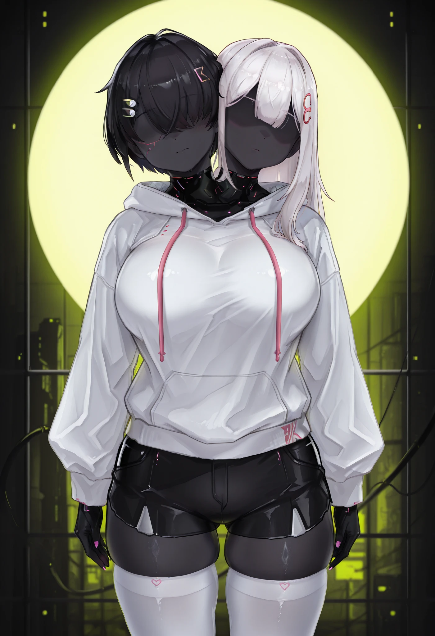 conjoined, 2girls, 2heads, two heads, a tall thin girls with 2 heads, white hair, black hair, long hair, short hair, ♡ hair ornament, white hoodie, black shorts, large breasts, front shots, upper body, tomboy, milf, white stockings, standing, cyberpunk, styleechanisenicha, all black colored skin, faceless, eyeless,