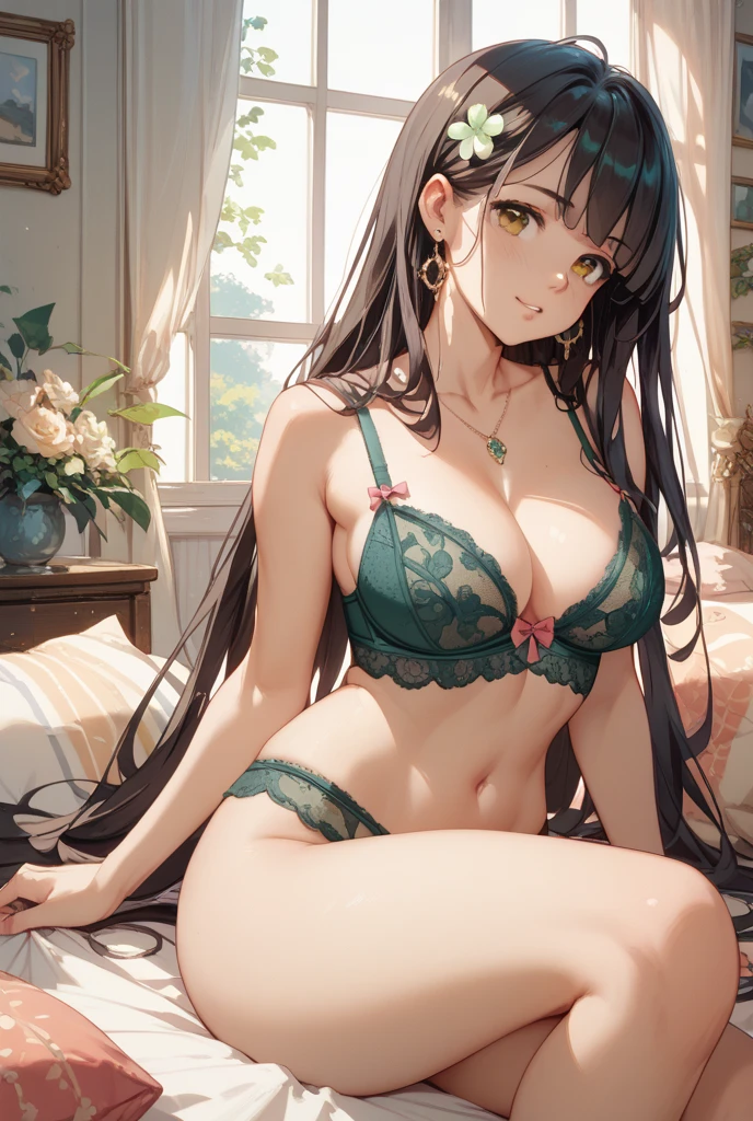 absurd, 8K, high resolution, ultra detailed, beautiful, masterpiece, best quality, very pretty woman, young, very pretty woman, sexy, (green and blue lingerie:1.5), orange eyes, brown hair, navel piercing, sexy, detailed woman Face, very attractive, (very large breasts:1.3)