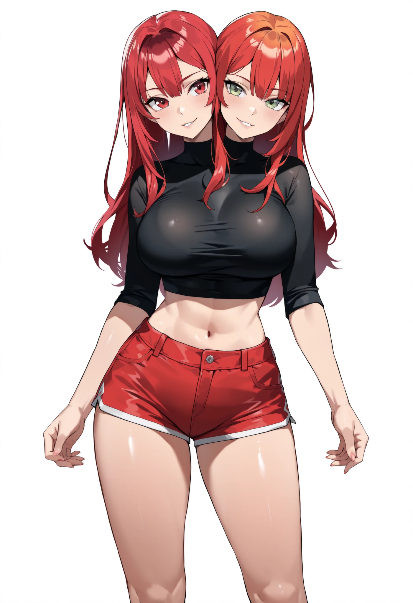 (masterpiece),(ultra-detailed), (high quality), (high resolution), (best quality:1.5, highres, UHD), highres, absurdo, ultra detail, ultra quality, Ultra resolution, 16k, 1girl, (2heads:1.5), girl with two heads, (red hair:1.5)), ((different hair colors:1.5)), (shorts), casual dress, sexy proportions, (exposed midriff), thighs, Beautiful girl with accentuated slender abs, ((seductive posture)), red crop top, ((different hairstyles)), different haircuts, (long hair), (red eyes), (green eyes)