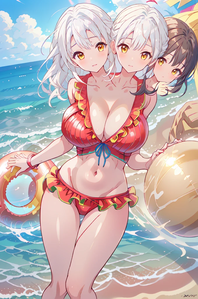 (kancolle, kashima), pastel colered bra, pastel colered thong, flamed nipples, groin, cameltoe, double breasted, cleavage, trouble eyeblow, kind smile, open arms, navel,