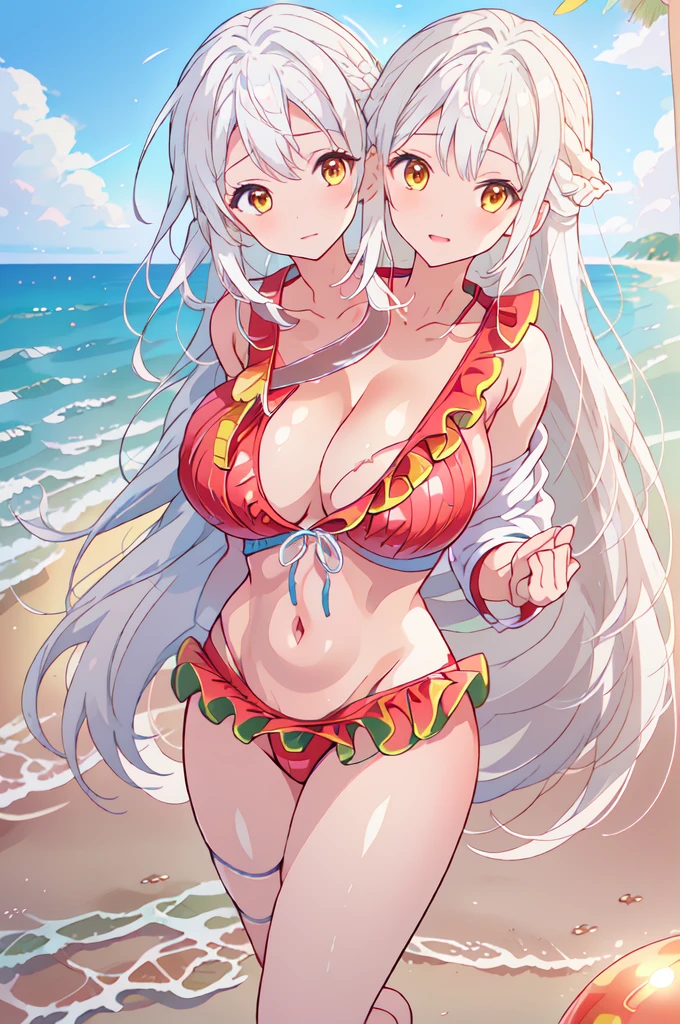 (masterpiece),(ultra-detailed), (high quality), (high resolution), (best quality:1.5, highres, UHD), highres, absurdo, ultra detail, ultra quality, Ultra resolution, 16k, ((2heads:1.5)), 1girl, ((anime girl with two heads)), snowy white hair, icy blue hair, white bikini bra, casual wear, city beach shoreline background, smiling, exposed midriff, following icy blue eyes, ((mature woman)), seductive silhouette, cleavage, ((large breasts)) smooth and lustrous skin, sexy proportions, slim legs, ((beautifully tall and slim woman)), sexy pose, blushing aroused, seductive expressions