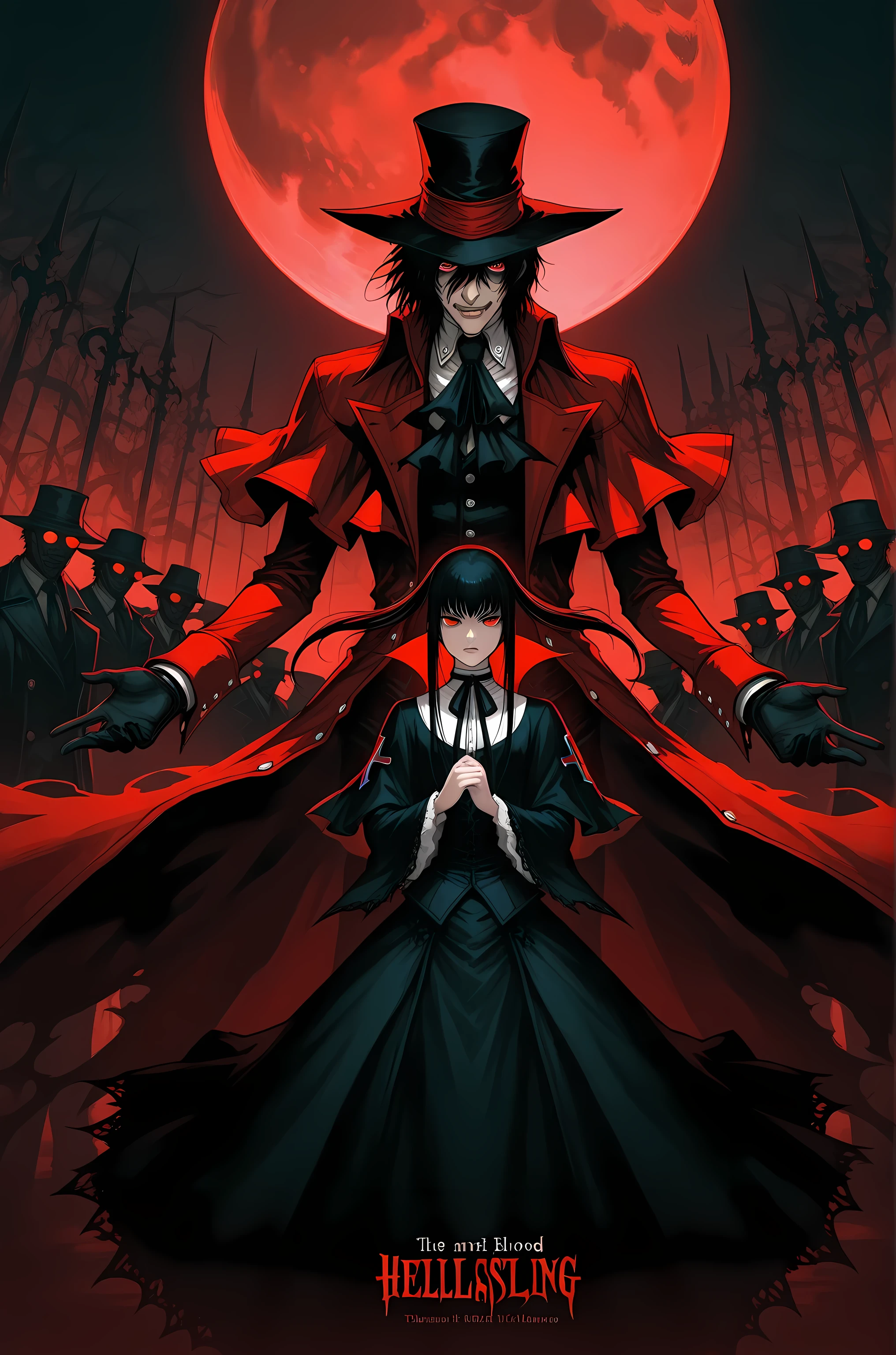 A dramatic illustration of Alucard from Hellsing, dressed in his iconic red overcoat and hat, imposing and intimidating posture, bright red eyes and sinister expression, surrounded by dancing shadows and dark mist, full moon in the background illuminating the scene, text stylized in Gothic "Pain is my food" floating around him in a blood-red glow, night environment with shades of black and deep red, detailed dark fantasy style, dramatic cinematographic composition, contrasting lighting highlighting the vampire features