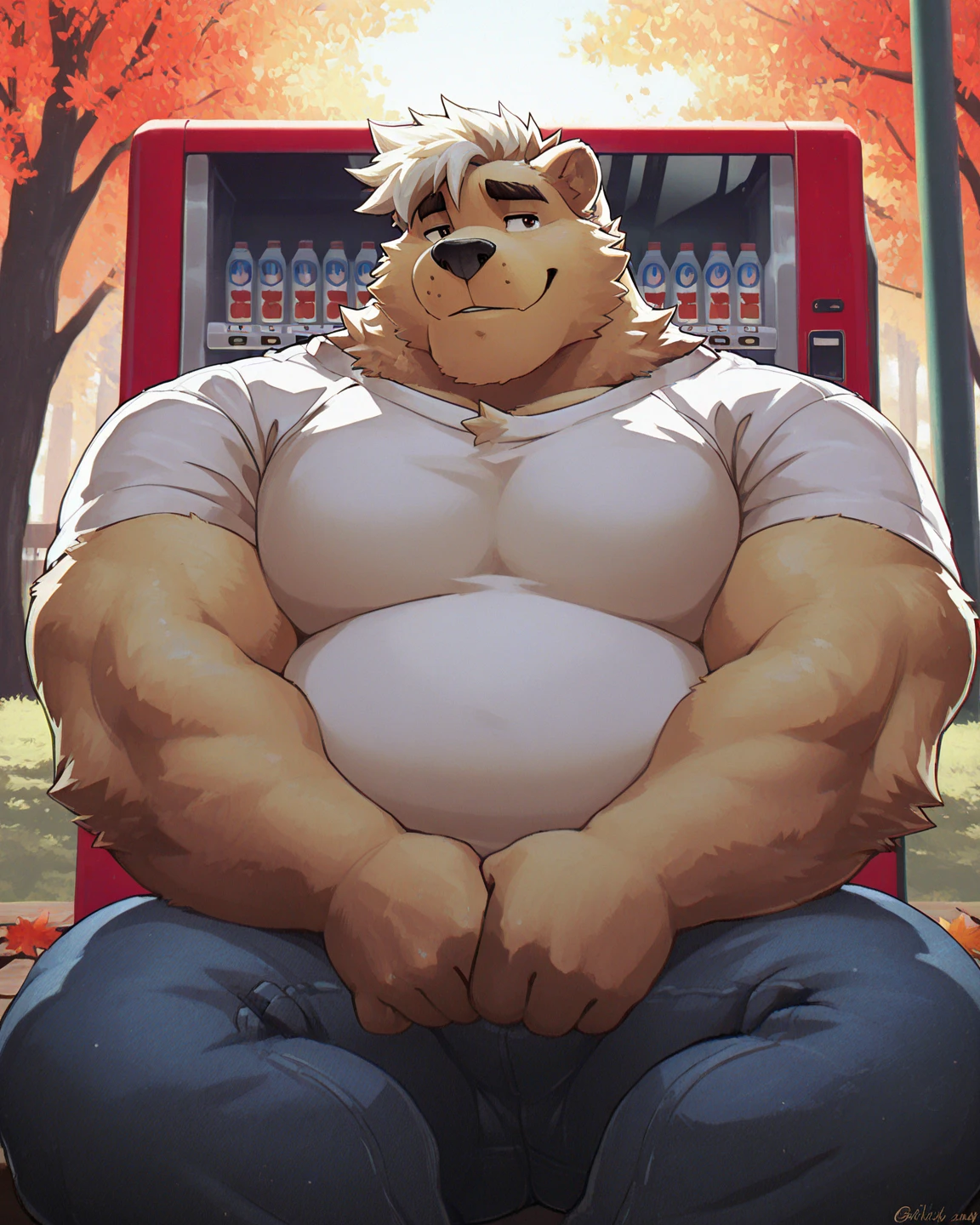 Musclegut, big chest, big Belly, anthro bear, blush, bare chest, white trunks, opened legs , thick tight , sit at Park bench , (Tongue out with mouth closed, salivating, closed eyes), very Tired , sweaty , hot , by hyaku, by darkgem, by zixiong
