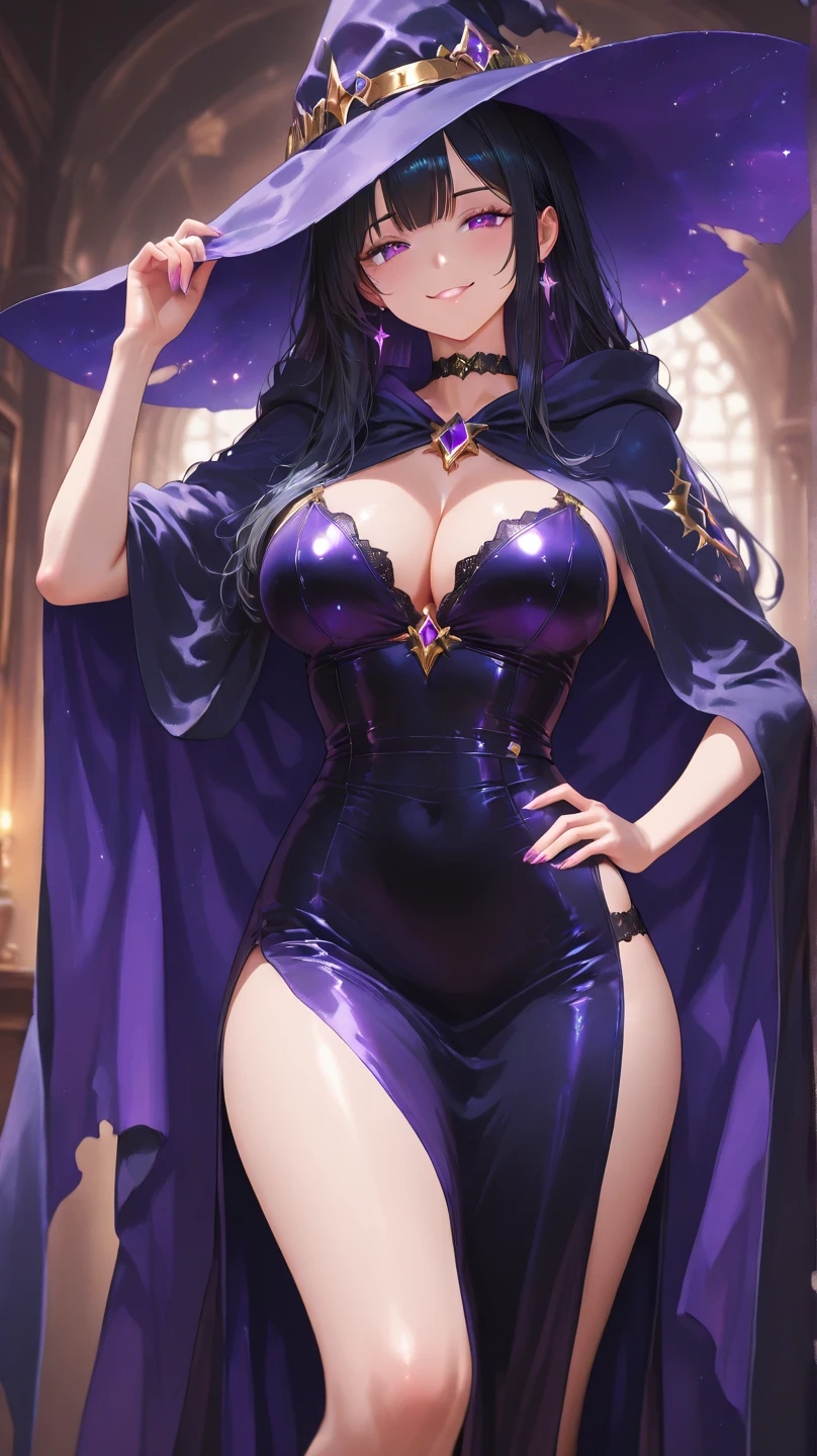 a beautiful girl, perfect face, arms at sides, masterpiece, ultra high res, high quality, 4k, full body:1.5, lisa (genshin impact), purple witch hat, green eyes, brown hair, (PureErosFace_V1:0.008), (european:1.6), bangs, dress, rose, jewelry, witch, capelet, purple headwear, black gloves, purple flower, hair between eyes, purple rose, parted lips, purple capelet, hat flower, multicolored dress, hair ornament, windmill, from front view, big breasts and slender body