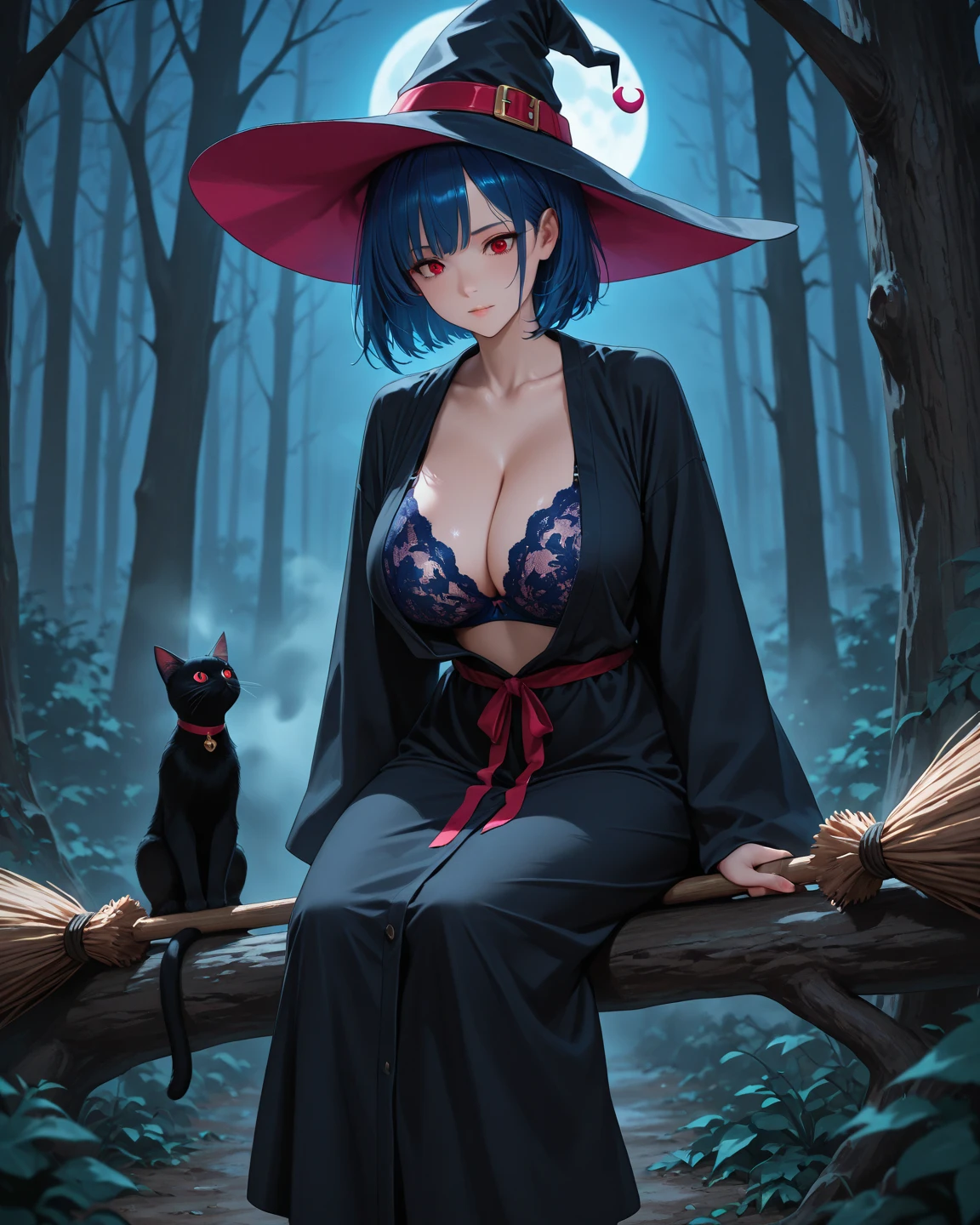 ((best quality)), ((highly detailed)), masterpiece, absurdres, (detailed eyes, deep eyes), <lora:more_details:.6>, (1girl), dynamic pose, cowboy shot, standing, <lora:cordeliaDE-v1:1>, deCordelia, short hair, blue hair, black lips, witch hat, wide brimmed hat, ((covered eyes)), shaded face, smiling, strapless dress, <lora:EraseGroinSkirt:1>, collarbone, pantyhose, elbow gloves, (at a mangrove_forest, twightlight)