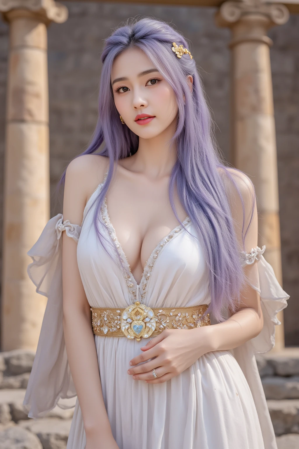 ((masutepiece)), ((Best Quality)), (Ultra-detailed), ((kawaii)), Cute, (lovely), ((Sexy)), (Ero), ((Extremely detailed)), (Detailed eye), (detailed facial features), (Detailed fingers), (detailed clothes features),4K, (8K), (Beautiful), Illustration, Dynamic Angle, (Upper body:1.2), (Holding a wizard's wand:1.3), Knossos palace, evening, Autumn, Pretty women, Solo, (she wears a skimpy wizard dress:1.3), Beautiful purple hair, fishtail braid, Beautiful blue eyes, ((Beautiful eyes)), White teeth, drooping chest, (Hair ornaments:1.2), earrings, Bib Necklace, Smile, Lens Flare, shiny