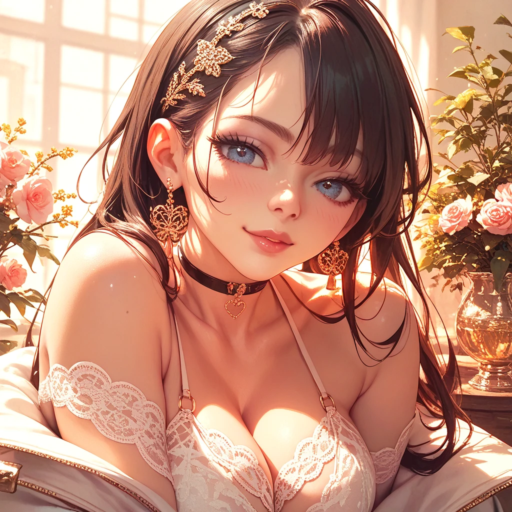 (table top, digital art, digital illustration, 4k, 8k, Super detailed, beautiful images, clear image, realistic, RAW photo, perfect face, perfect lines, perfect eyes, soft lighting) ,1 female, (long black hair,straight hair,bullish look,Beautiful woman,grace,Make up well,23 years old,:1.3),Two handsome men in suits, (human,muscular,solid shoulder width, human,boyish hairstyle,English gentleman&#39;Style,A man in his 30s with a cool expression,28 year old man with a bright 笑顔:1.2),Show your white teeth and 笑顔(embarrassing,shy smile:1.1),garden full of light、Squirting、resort sofa、colorful flowers、couple、coupleキス、romance porn、lie down、ハグし合うcouple