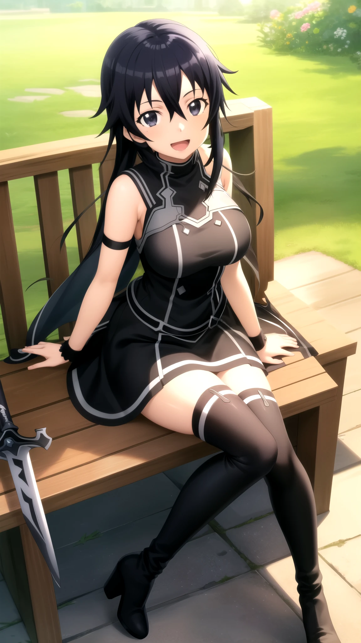 Masterpiece, Best Quality, girl, looking at viewer, Kazuto Kirigaya, Sword art Online, Black hair, hair Between eyes, Black Eyes, large breasts, sleeveless idol dress, very puffy skirt, flared skirt, thigh highs, heeled boots, sitting, smile, open mouth, outdoors