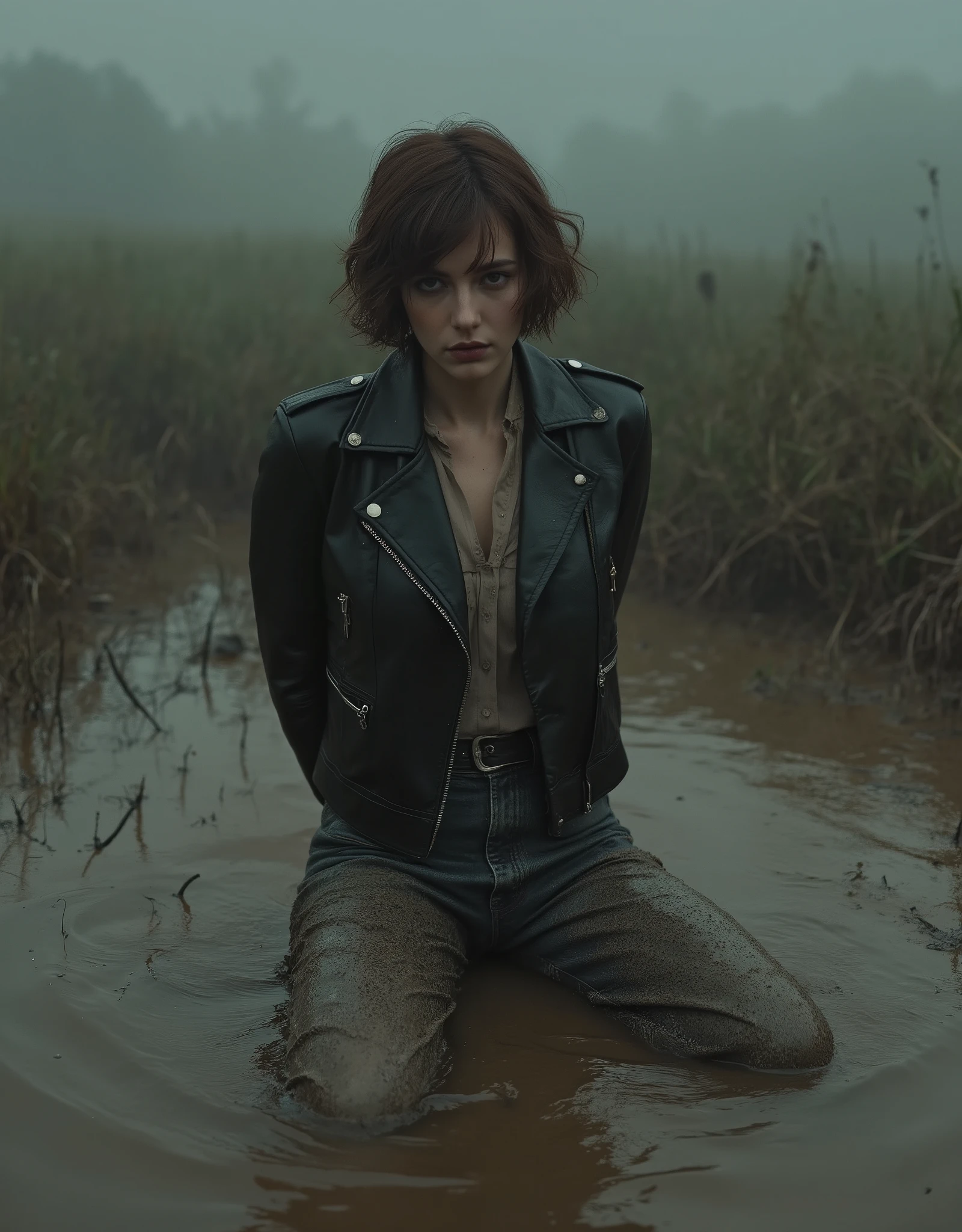 70s setting, close-up, woman, dirty jeans, leather jacket and blouse, drowning kneeling in a thick mud, jeans legs wide spreading, indulges her fetish, photorealistic, 8K, hyper-detailed, high quality, dramatic, moody, cinematic, realistic, woman mid-aged, intense expression, wavy short brown hair, leather biker jacket, dirty jeans, blouse, drowning in murky sludge, dark atmosphere, gloomy lighting, thick fog, lush bog vegetation,, muddy, unsettling mood, fetish-inspired, erotic, adult, hands behind back