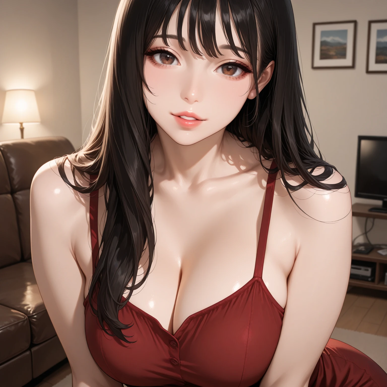 masutepiece、Yol Brier A dark-haired、Longhaire、side locks sharp eye、big eye、Beautiful skin、beautiful countenance、Red Eyes off shoulders、Red knitted dress、off-shoulder knit、head band、earrings、Gold Earrings Tall lady、clong legs、Skinny Legs ahe face、panting、sticking out the tongue、Acme face、droolng Hand masturbation、Boldly open legs、Mansuji、femaleejaculation、female ejaculation Background with、Bedrooms