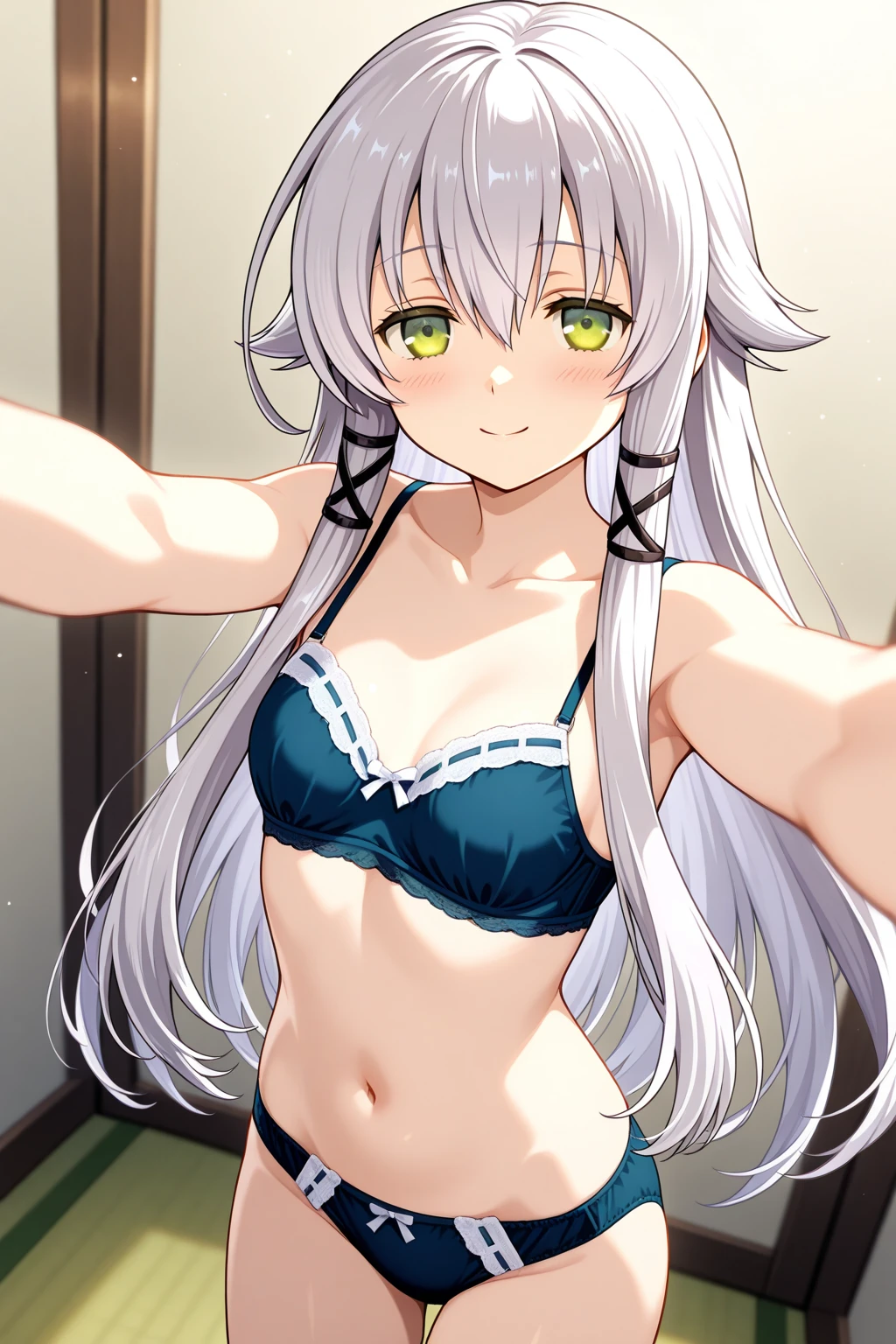 best quality, amazing quality, very aesthetic, absurdres, (1girl, mutsuki, blue archive, solo, red eyes, white hair, side ponytail), (realistic face:0.9),(lace-trimmed bra:1.8),dress lift, (grin, blush, thigh:1.3), (cowboy shot), (glistening eyes), (from side:2), (official art:1.3), (panties around one leg), expressive eyes, perfect face, extremely detailed eyes, perfect anatomy, smooth skin, (anime background:1.5), clear eyes, beautiful face, small breasts,(anime style:1.7), (Warm Light:1.5), (highres:2),