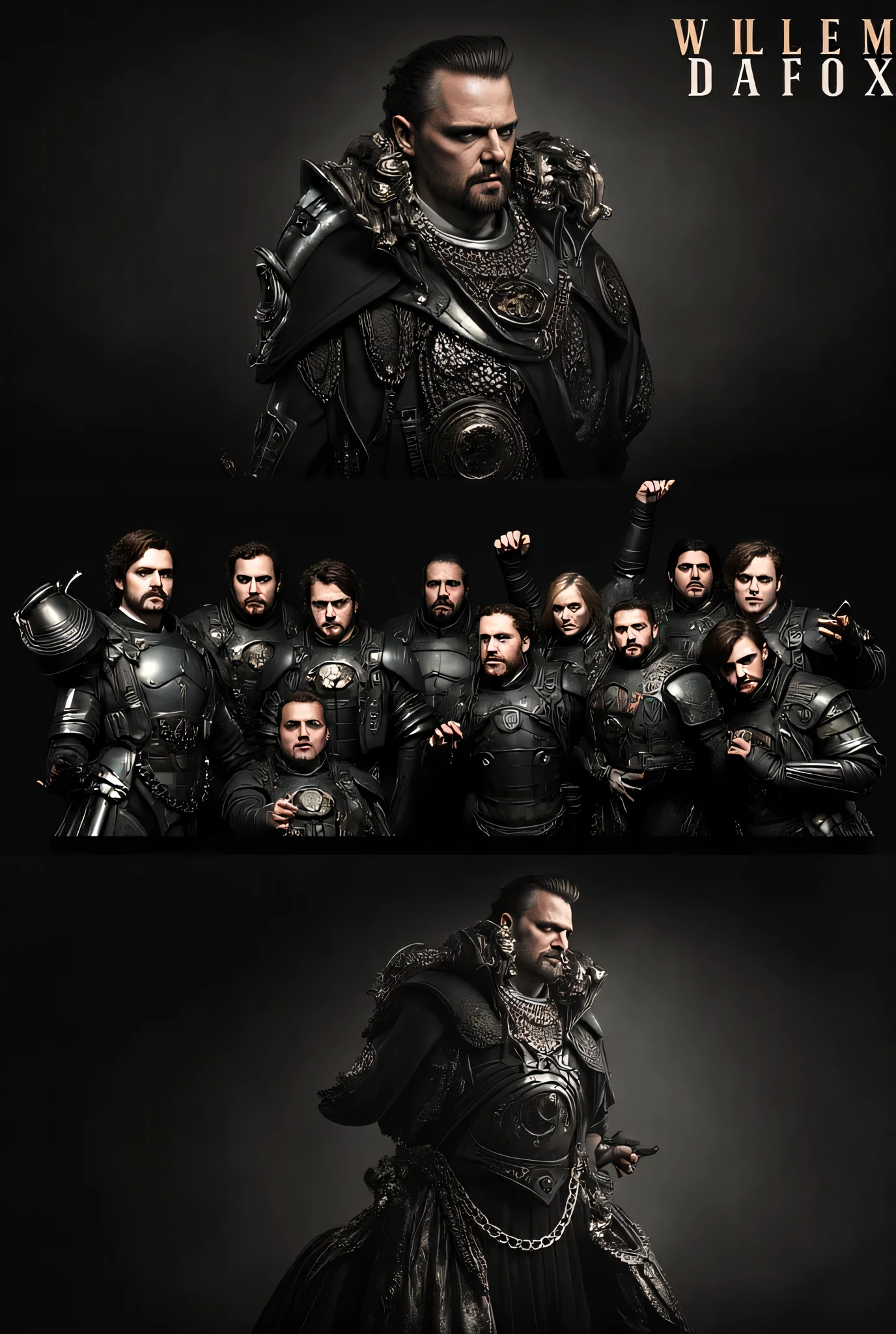 "Willem Dafox Create an avatar of actor Willem Dafoe as a character from Warhammer 40k. It must have a severe and intense expression, with striking features that emphasize his sharp cheekbones and penetrating eyes. Dress it with an elaborate, armor futuristic adorned with gothic and dark elements typical of the Warhammer 40k universe. It includes details such as chains, calaveras, and badges that reflect its status and power. The armor must be dark tones with metallic details. Give it a short, well-groomed beard and hair brushed back, maintaining its distinct appearance. Place it in a dark, ominous background that complements the general aesthetic."