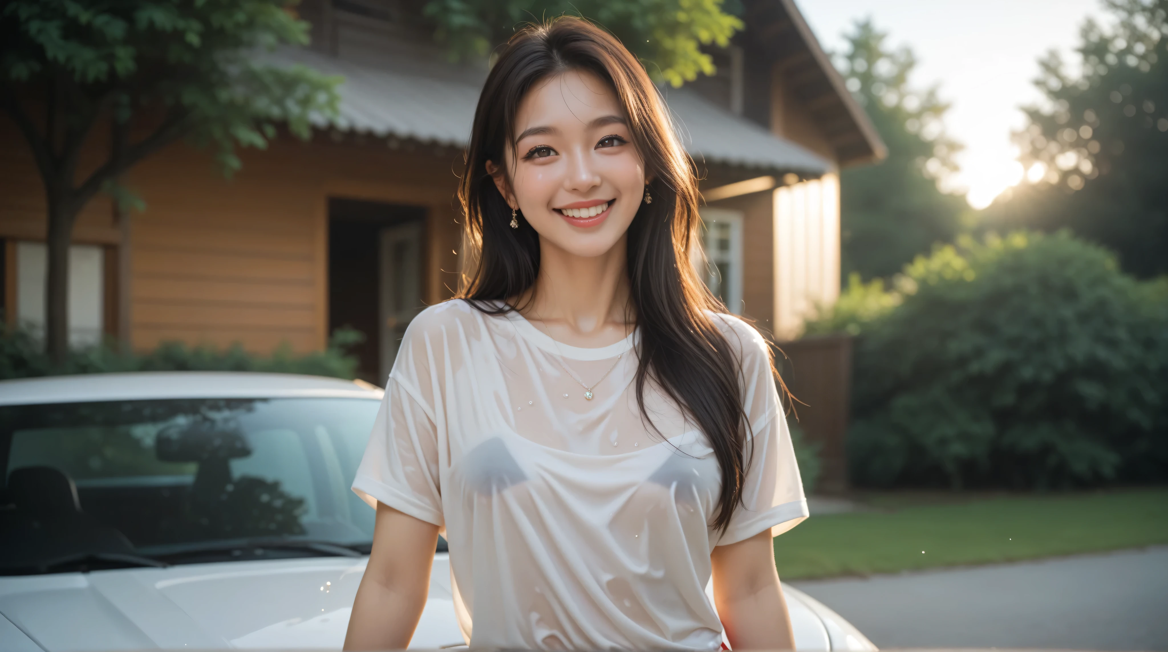 In front of a country house in warm sunshine, Beautiful woman washing a car outdoors, A loose-fit t-shirt with soaked red underwear shining through, White skin with sparkling water drops, Sensual Body Line, Lovely Smile, Cinematic angle