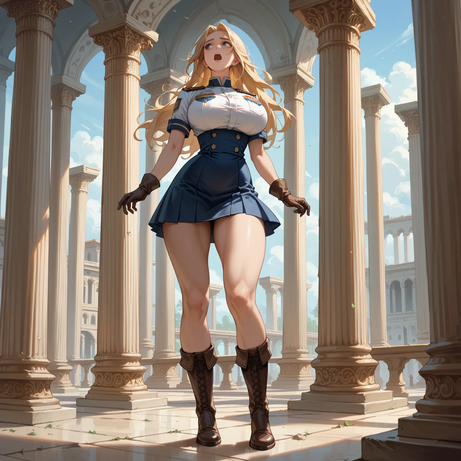 (ultra realistic,32k, masterpiece:1.2),(high detailed skin:1.1),( high quality:1.1),
<lora:PPGZ-Rolling_Bubbles:0.8>ppgzbb,surprised blue eyes, blonde hair, twin drills, hairclip, earrings, vest, blue skirt, short skirt, boots, celestial citadel, radiant spires, divine essence, seat of celestial beings,(looking at viewer, sitting, from below:1.1),, huge breast,large breast,<lora:add_detail:0.98>,
(moody lighting:1.1),