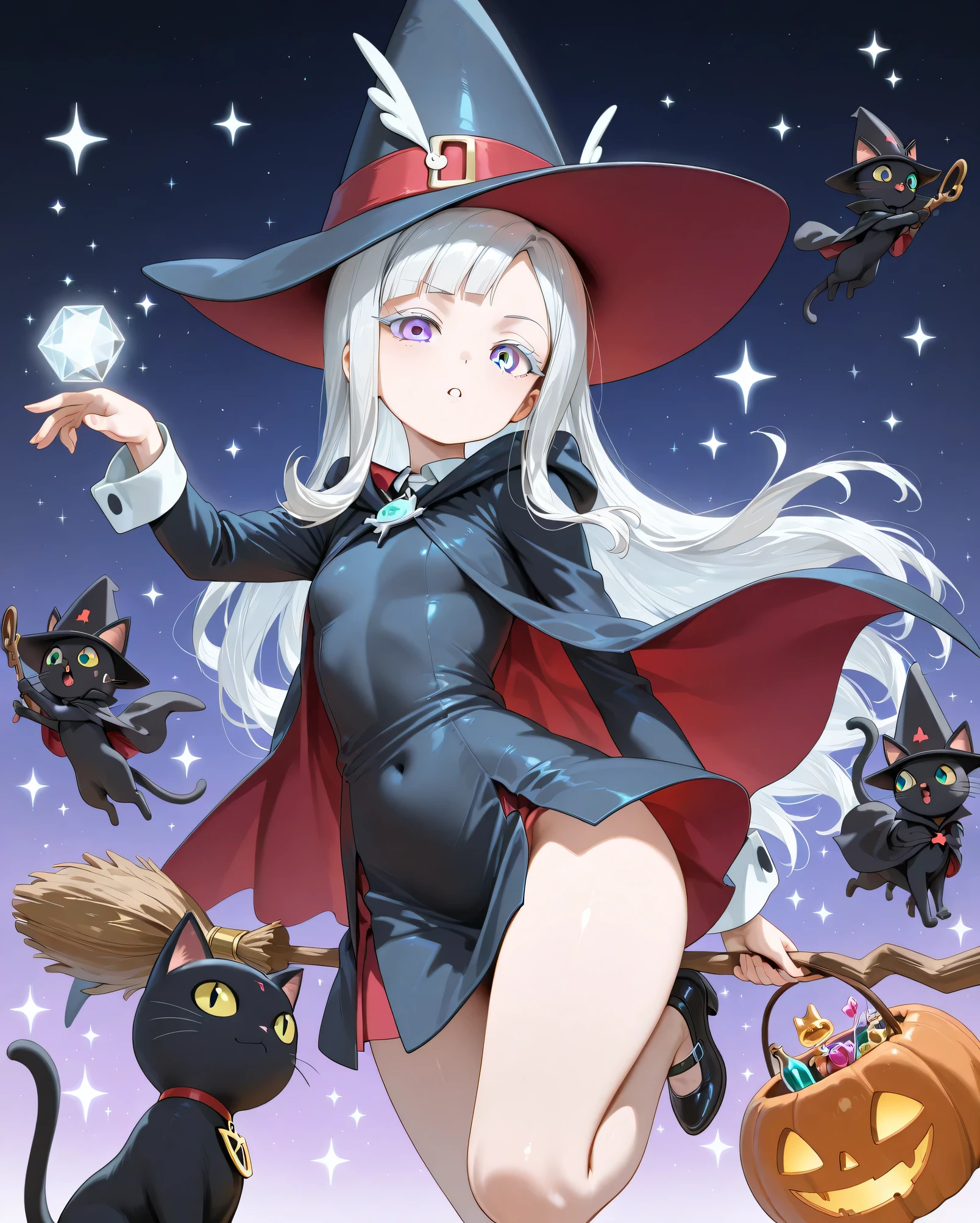 The Black Cat Hatter, and the Little Witch Apprentice, beautiful silver white hair,