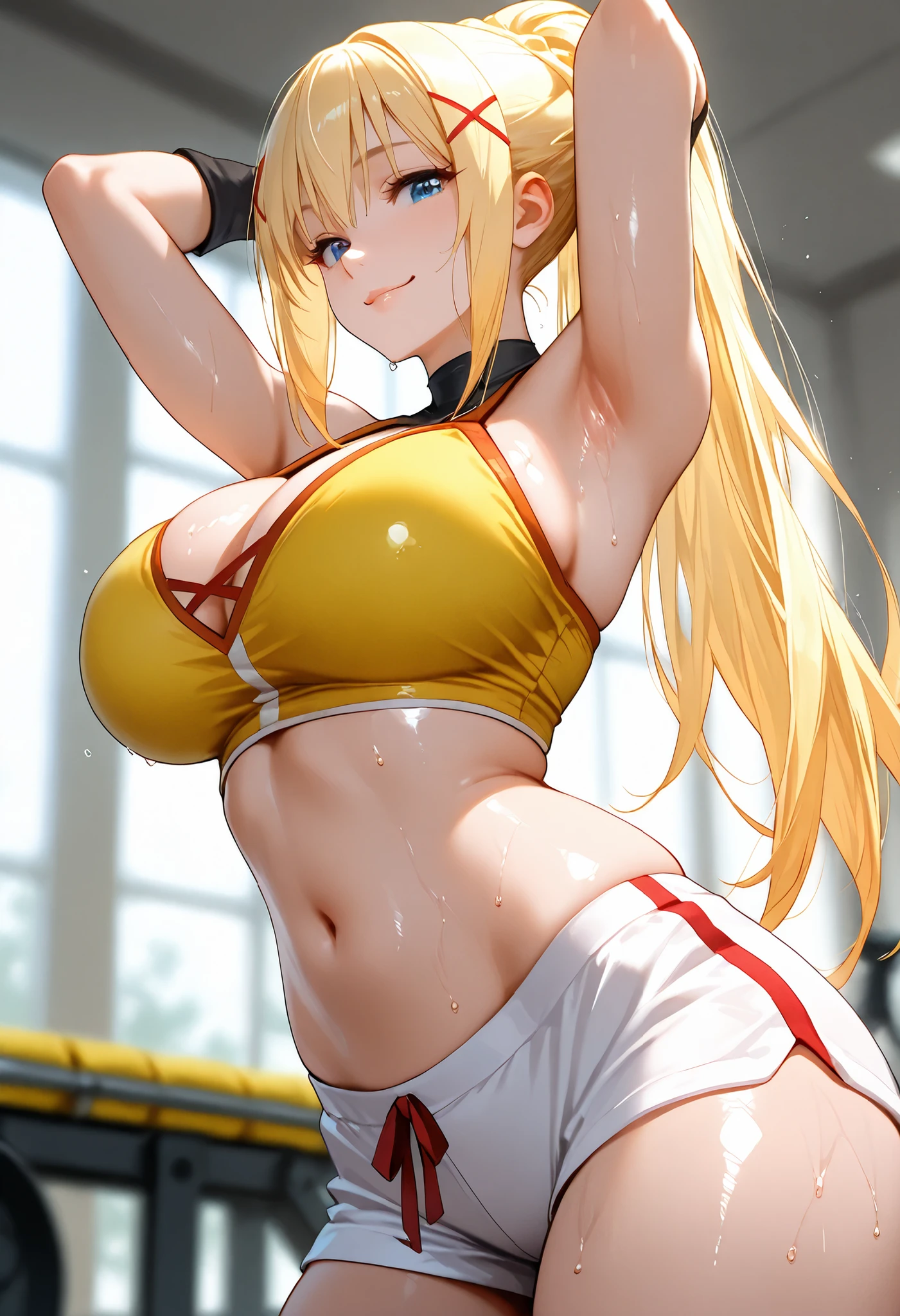 1girl, pretty face, blunt bangs, Long hair, drill hair, twin drills, blonde hair, shiny hair, glow eyes, jitome, brown eyes, tsurime, white skin, huge breasts, Short body, White leotard, thong, see-through, indoor stadium, rhythmic sports gymnastics,