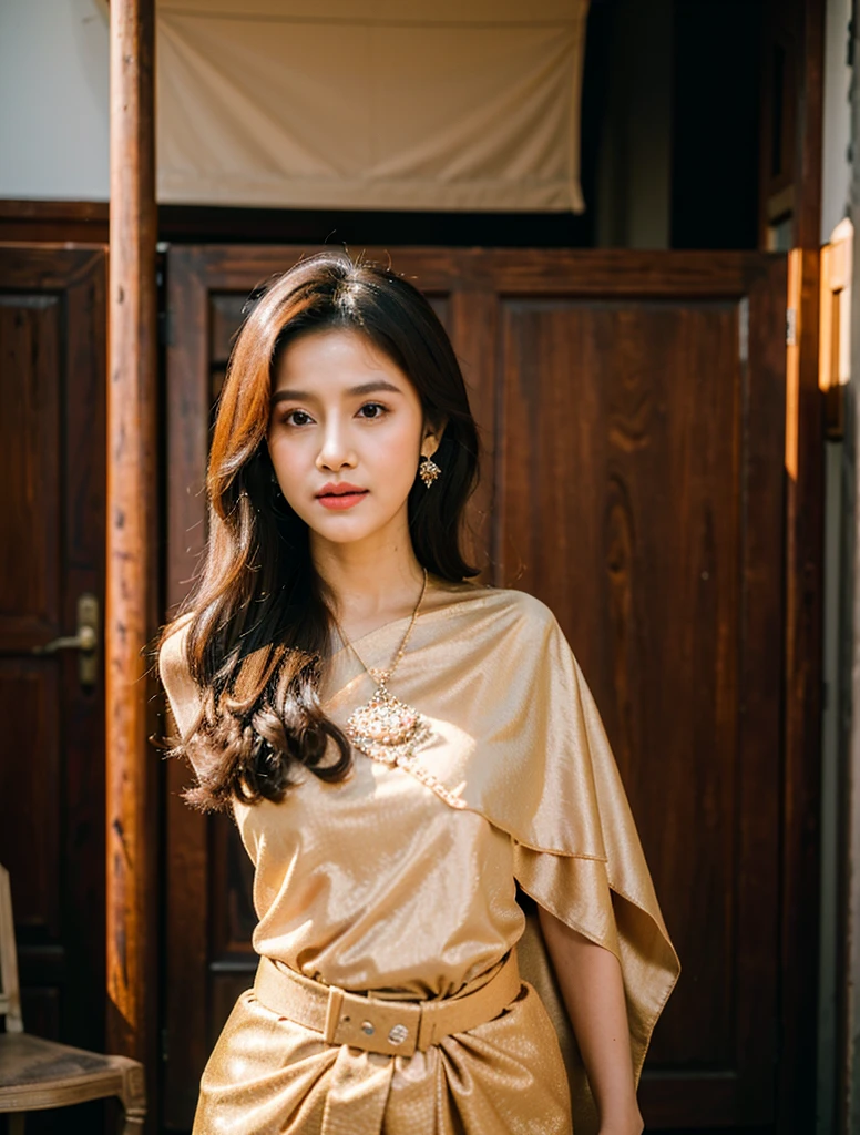 (8k,masterpiece,hi ultra res, realistic :1.3), best quality, portrait , realistic, focus face, 1  woman, brown long hair, thai traditional dress , ( red sabai:1.2), temple background, (breeze:1.2),(sun lighting:1.2)