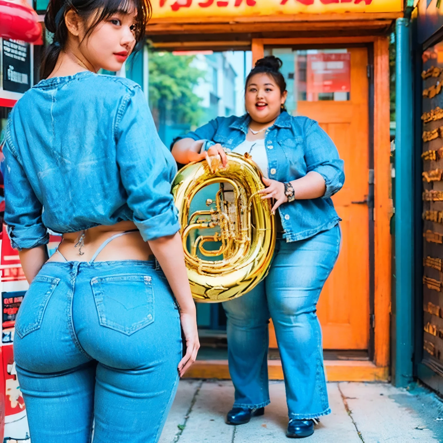 same image a young pale asian girl stands in very tight denim jeans with her denim thong g-string exposed. in the distance to the right a very chubby woman holds a shiny brass tuba and is very excited to see the young girl realistic like a photo 4k
