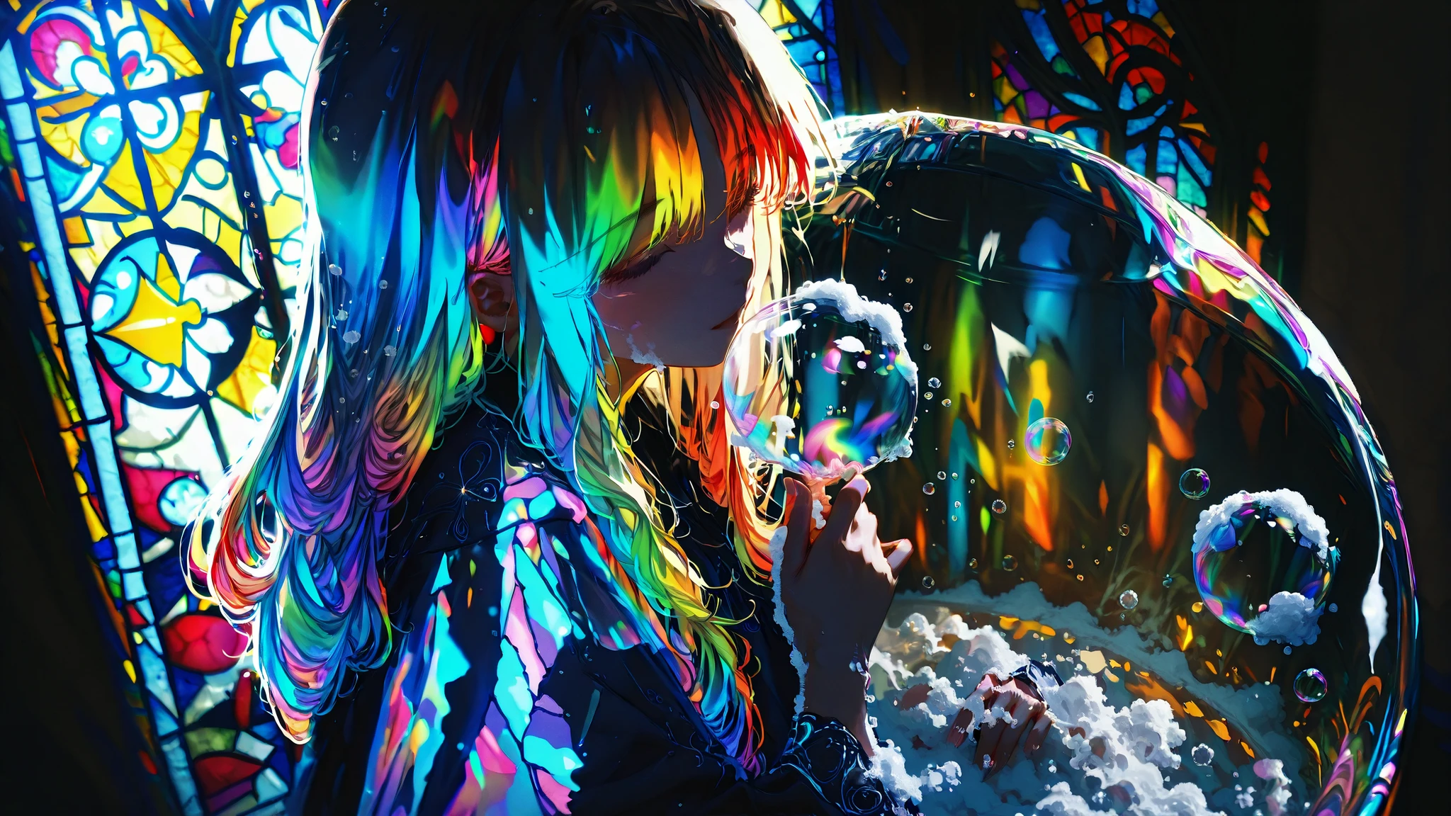 high-quality photo, ultra-detail, impeccable quality, A young girl hovers inside a huge iridescent soap bubble, iridescent highlights on the surface like stained glass, flowing airy chiffon dress, long hair flows smoothly, around lots of small soap bubbles reflecting light, stained glass patterns refract through the bubble, rainbow highlights everywhere, soft glow