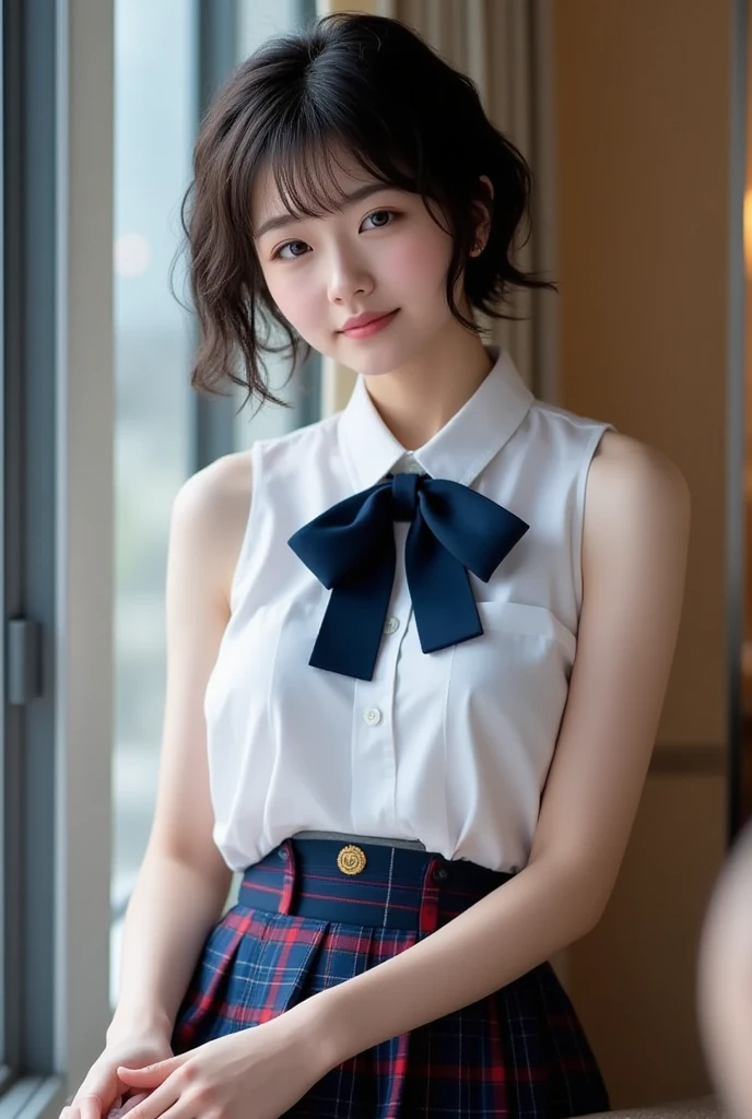 (masterpiece:1.2, highest quality), (realistic, photorealistic:1.4), beautiful illustrations, (natural side lighting, movie lighting), Depth of written boundary, 
looking at the viewer, Front view, 1 girl, English, high school girl, 18 years old, perfect face, Cute symmetrical face, shiny skin, ,
(bob hair:1.7,blonde), asymmetrical bangs, Big eyes, droopy eyes, long eyelashes chest), thin, 
beautiful hair, beautiful face, fine and beautiful eyes, beautiful clavicle, beautiful body, beautiful breasts, beautiful thighs, beautiful feet, beautiful fingers, 
((fine fabric texture, brown knit vest, short sleeve white collar shirt, navy pleated skirt, Navy bow tie)), 
(beautiful scenery), evening, (Inside the flower shop), Are standing, (smile, Upper grade, open your mouth),  (((skirt lift, sexy_white ,  visible))), full body shot, dark blue socks,