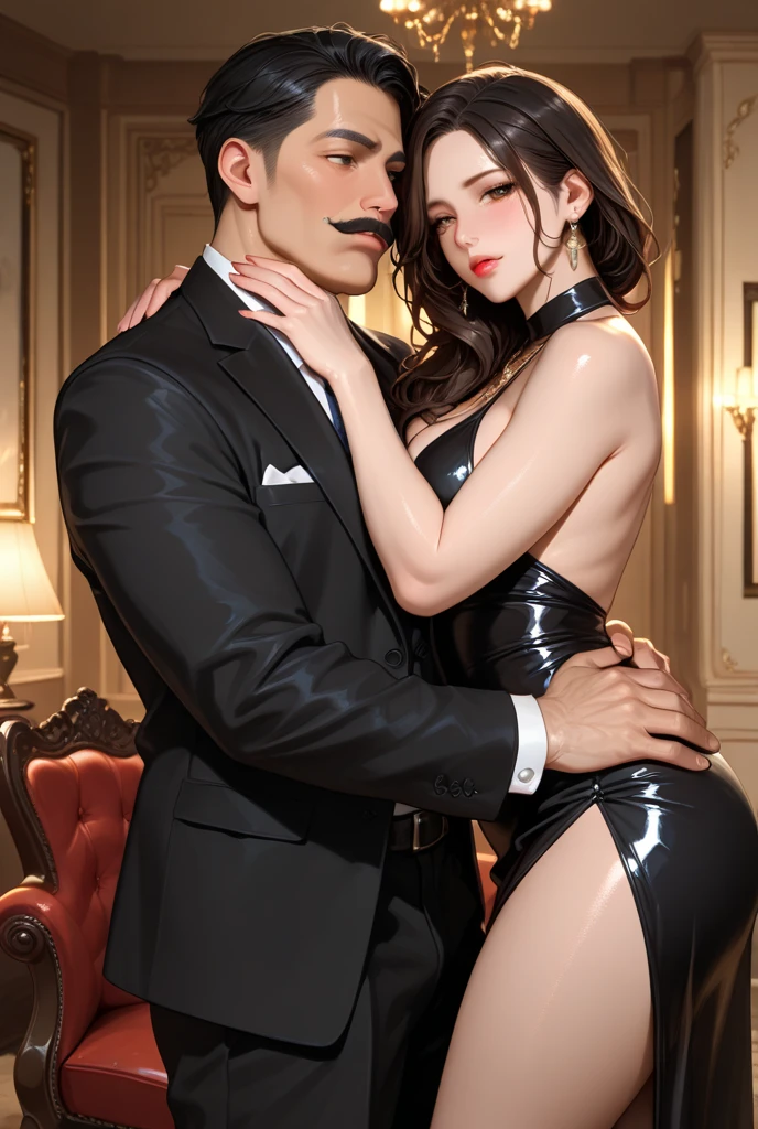 (masutepiece, Digital Art, Digital Illustration, 4K, 8K, Ultra-detailed, beautiful image, Sharp Image, Photorealistic, Raw photo, Perfect face, Perfect lines, Perfect eyes, Soft lighting) 1 woman, (Long Black Hair,straight haired,Bullish gaze,Beautie,ellegance,Mode system,Onepiece,Solid makeup,23 y-o woman,small tits:1.3),Two handsome men in suits, (ember,Men in suits,well-muscled,Firm shoulder width,Adult male,Boyish hairstyle,English gentlemanly style,Man in his 30s with a cool expression,28-year-old man with bright smile:1.2),Antique furnishings,Antique Clamps,Antique chair,chandeliers,Crystal Glass,Luxury,fantastical light,Marble fireplace,(embarrassed from,Shy smile,Bouquet of pink roses:1.2),Antique sofa,Leather sofa,Crying face,Crying in frustration,Beautiful tears、the kiss、kiss、a couple、couple kissing、Romance、ssex、have sex、Wet pubic area、insert 、Rape、Overflowing、Full body painting,(One Girl And One Man,Having sex:1.5),(ember,Adult male,Rubbing the girl's boobs:1.2),Cheek dyeing、gasping face、embarrassed、boredom、begging、Unhappy、Greedy expression,Wet pubic area、 xen、Open your crotch wide、Cowgirl、Fluttering chest、Wet shirt、Sheer black lace underwear、Underwear to take off、NSFW, una muchacha arrodillada a cuatro patas frente a un hombre grande , (Obra maestra, La mejor calidad, Foto realista:1.4), (piel brillante), (UHD, Fondo de pantalla de 8k, High resolution), Perfect Anatomia, cinematic lighting, physically based representation, Premiado, Piel extremadamente detallada, Cara extra detallada, ojos con hermosos detalles, Carl Zeiss 85 mm F/1.4, (((1chica y 1hombre, pareja, tener relaciones sexuales))), (Un hombre de pie frente a una mujer arrodillada, grabbing his head), Grande , muchacha excitada mirando , (chica arrodillada frente a un hombre:1.3), (mujer inclinando la cabeza hacia arriba), chica mirando fijamente , (1girl: very cute 28 year old Asian girl, (lon hair, flequillo), Senos medianos con escote, (See through the thighs), (Medias), (S