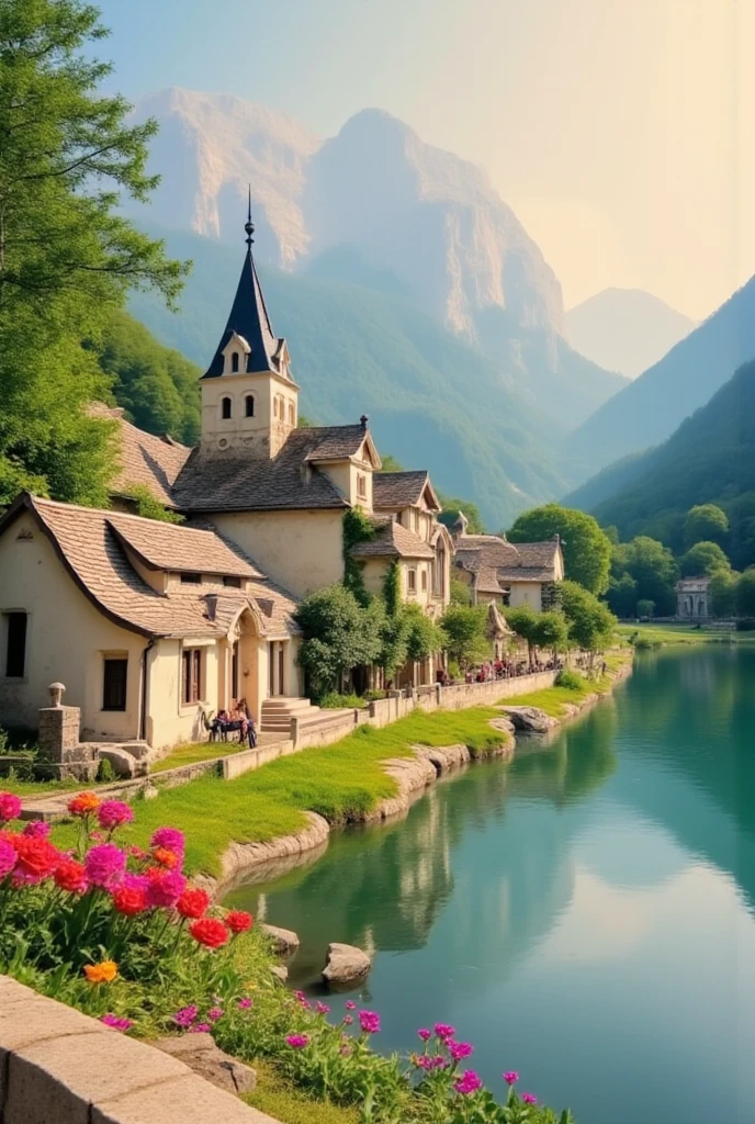 A small village by the river, mountains in the background, floral ...