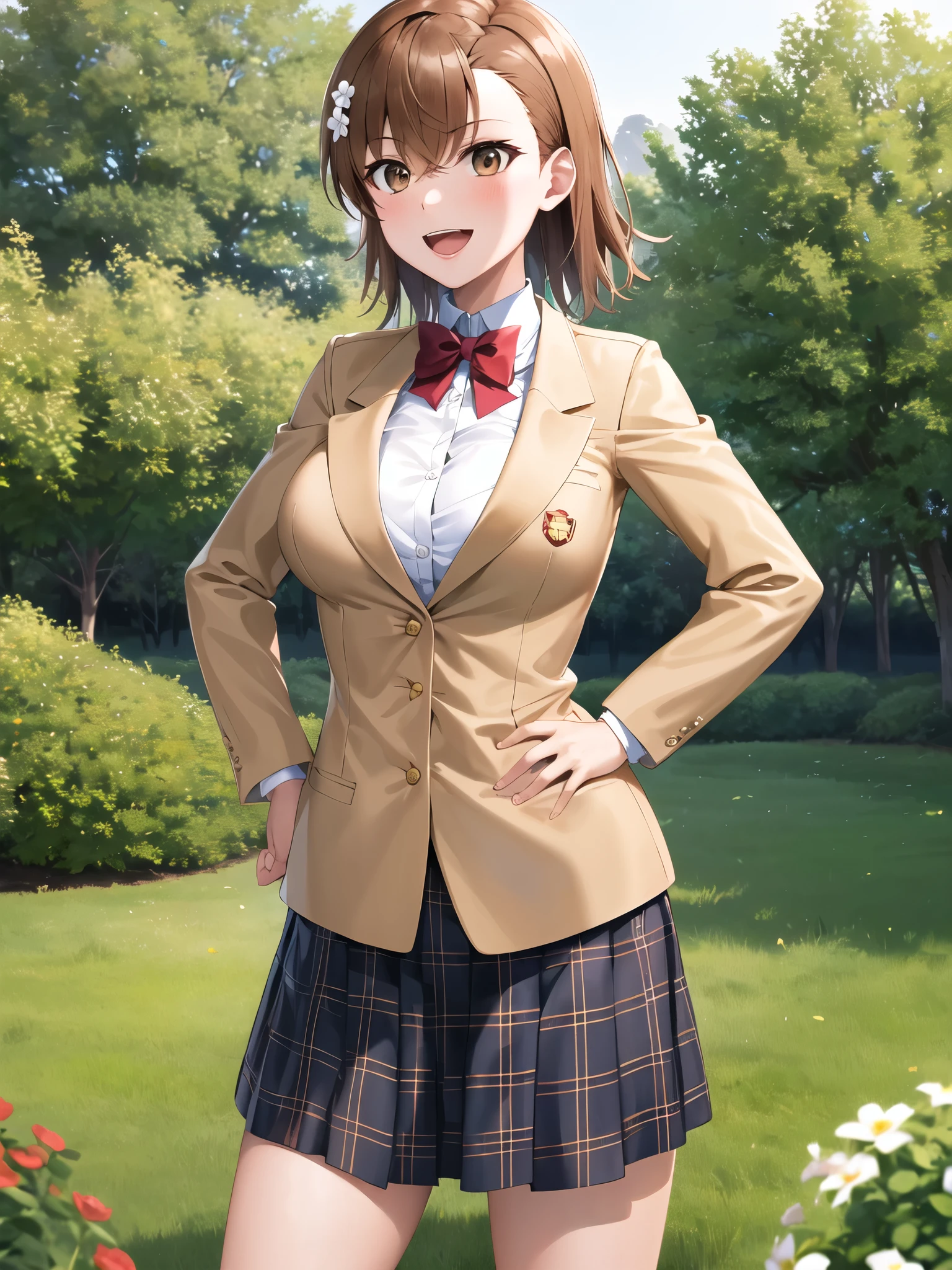 masterpiece, best quality, highres, aamikoto, short hair, hair flower, red bowtie, blazer, brown jacket, long sleeves, plaid skirt, standing, cowboy shot, outdoors,long hair ,large breast ,hands on hips, smile ,thigh,open mouth