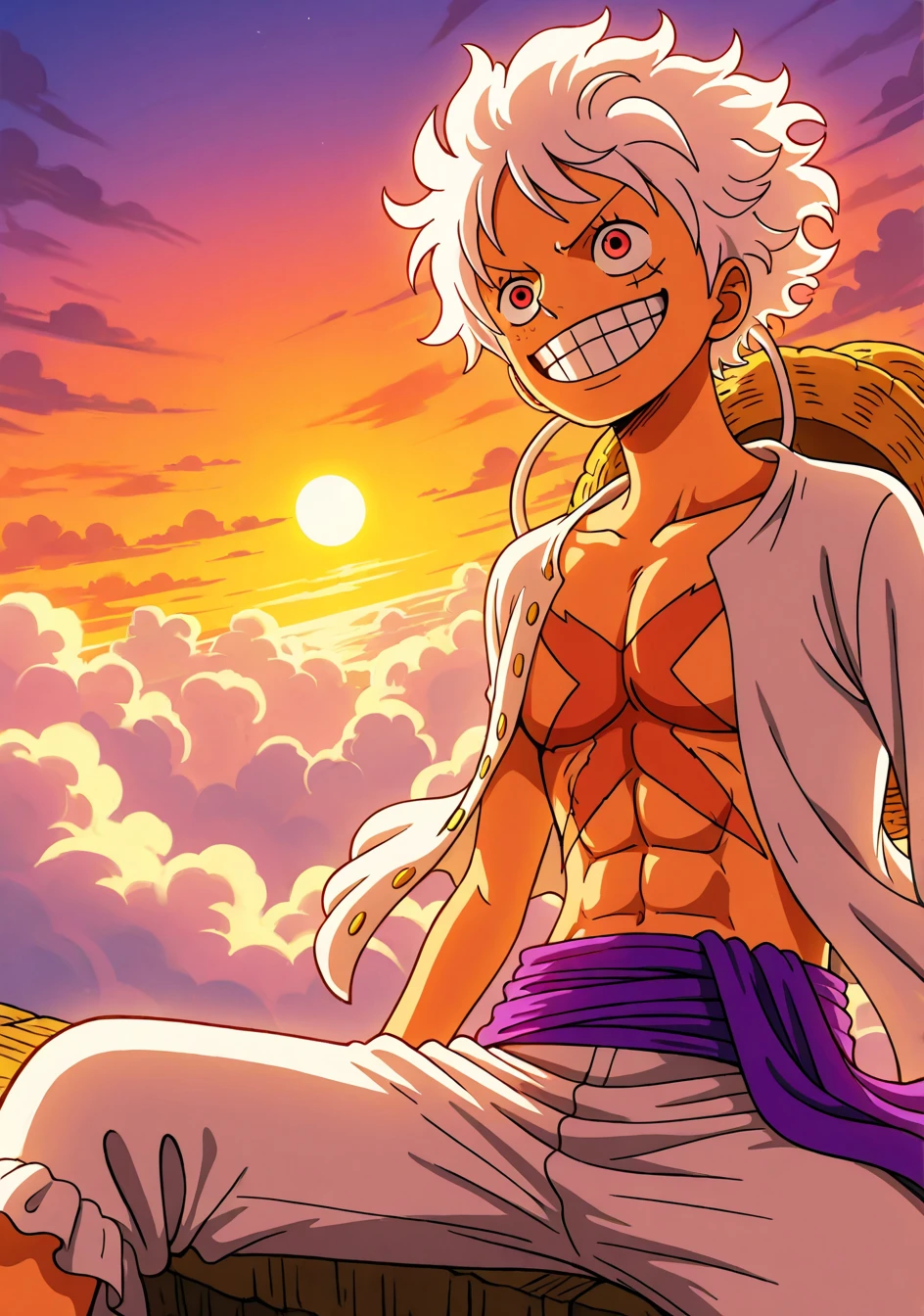 1 boy, monkey d.luffy gear 5 God nika,white hair,orange eyes, cloud hair , shirt white colour, Wearing white shorts, wearing purple laces(one piece),very detailed, detailed expression, all  perfect, all hands perfect, cool expression, serious, joyboy, masterpiece, best quality,full body
