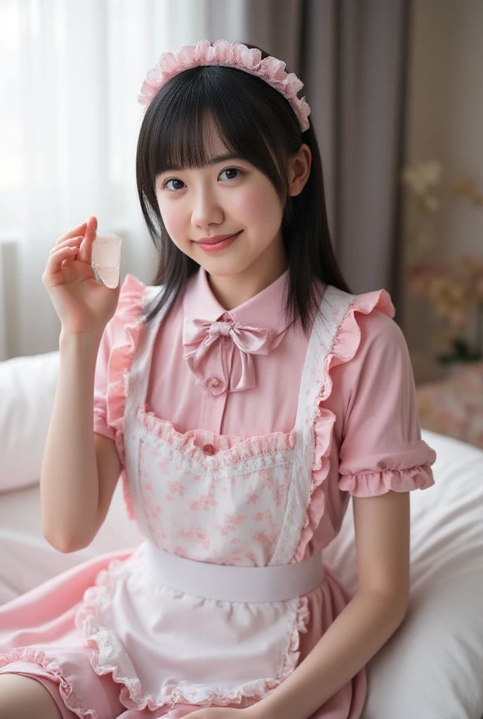 Pink dress, masterpiece, best quality, 1gir, Adult japanese, night, trees, Bokeh, realistic, hd, Lace, <lora:Amioko-OC:0.6>, Amioko-OC, Black eyes, (Walk:1.2), Frilled, smile, At home, (room:1.3), (Bed:1.2)