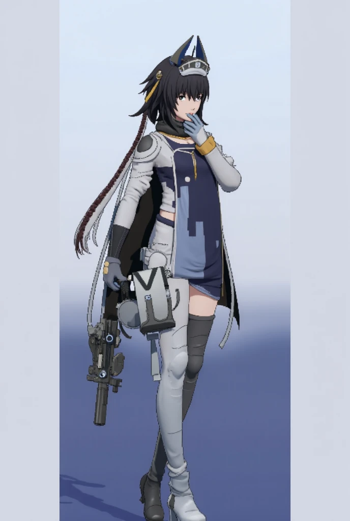 <lora:Yonpii-Style-000080:0.6>, ultra detailed, masterpiece, best quality, solo, soft smile, light smile,
1girl, aqua eyes, black hair, <lora:low_ponytail-1.0:0.95> low ponytail, ahoge, absurdly long hair, very long hair, (hair flaps:1.2), flipped hair, hair between eyes, bangs, messy hair, small breasts, (goggles on head:1.2), hooded coat, open coat, turtleneck, capri pants, black knee boots, multiple straps, white coat, layered clothes, hair ribbon,