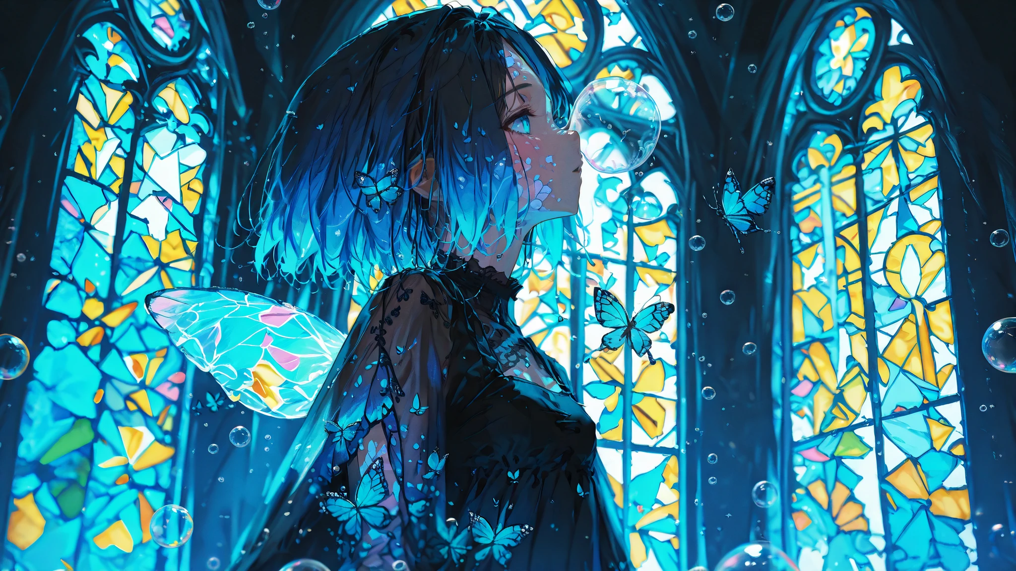 impeccable quality, high resolution, photo, fairy girl in a crystal bubble, surrounded by stained glass butterflies, The subtle patterns on the bubble surface resemble gothic stained glass windows, weightless rainbow organza dress, gentle highlights on the skin, scattered of small bubbles with stained glass reflections, airy atmosphere, magic glow